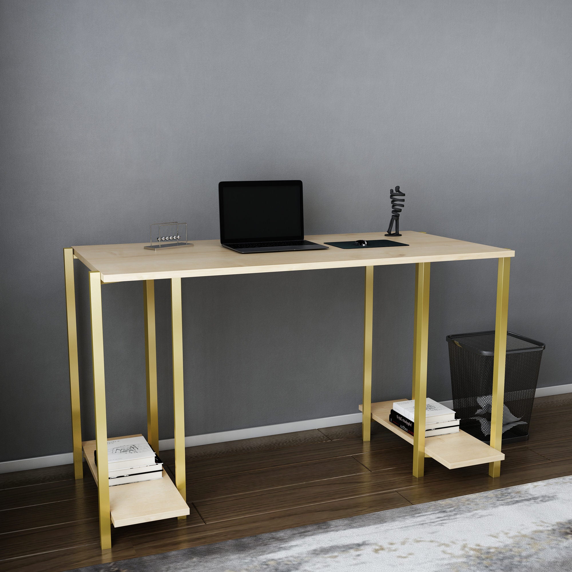 Secretária de Estudo/Escritório Moderna, Dourado e Carvalho, 125,2 x 60 x 73,8 cm | Painel de Partículas 100% Revestido em Melamina, 18 mm de Espessura | Design Elegante para Casa e Escritório