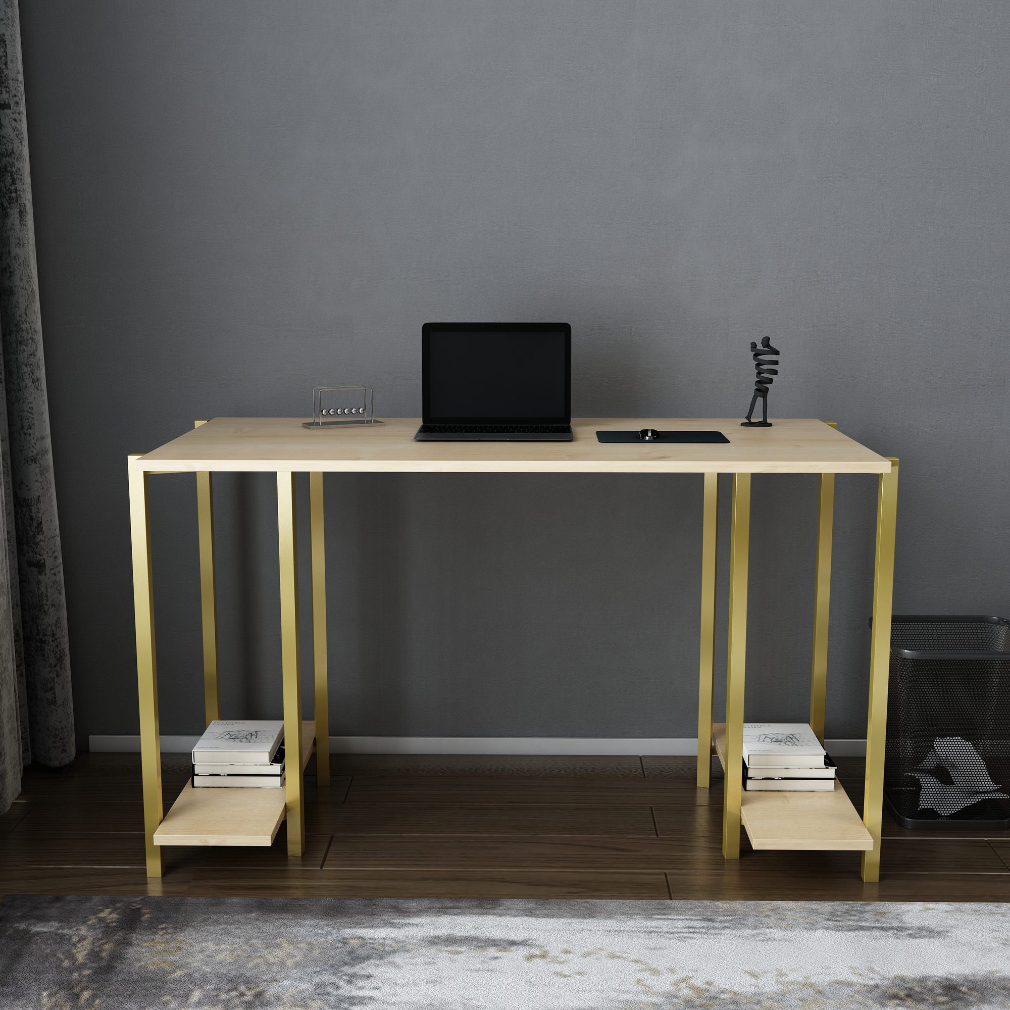 Secretária de Estudo/Escritório Moderna, Dourado e Carvalho, 125,2 x 60 x 73,8 cm | Painel de Partículas 100% Revestido em Melamina, 18 mm de Espessura | Design Elegante para Casa e Escritório