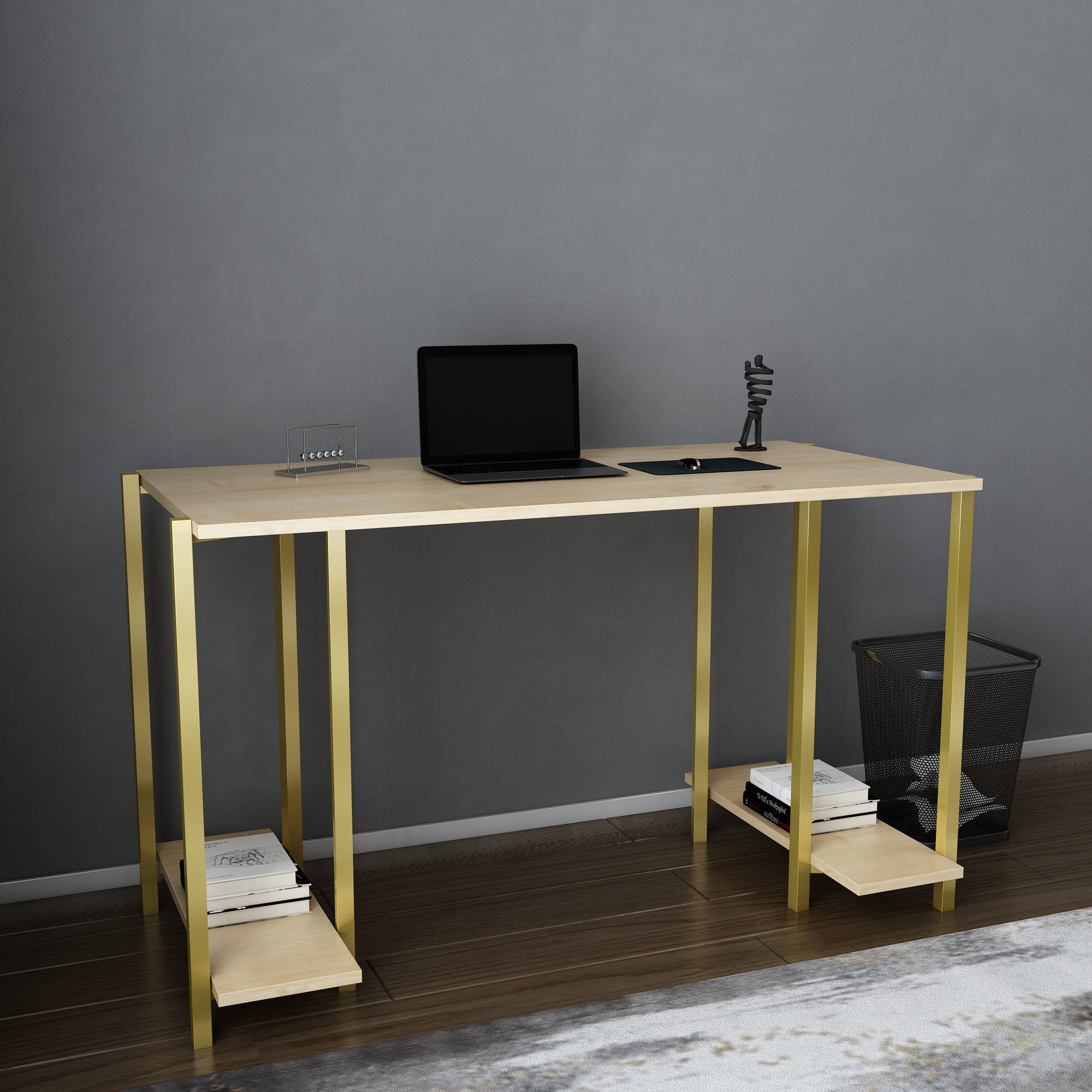 Secretária de Estudo/Escritório Moderna, Dourado e Carvalho, 125,2 x 60 x 73,8 cm | Painel de Partículas 100% Revestido em Melamina, 18 mm de Espessura | Design Elegante para Casa e Escritório