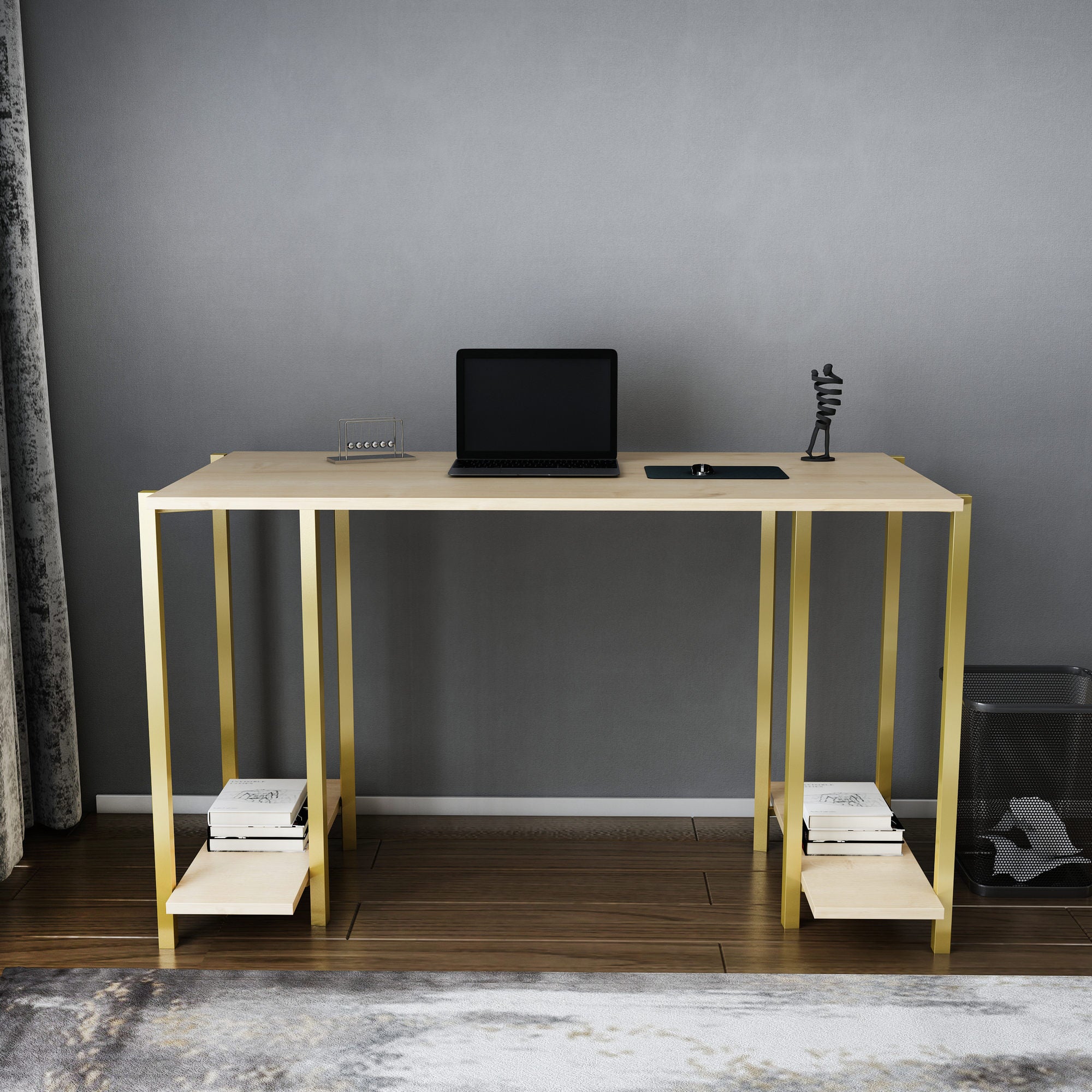 Secretária de Estudo/Escritório Moderna, Dourado e Carvalho, 125,2 x 60 x 73,8 cm | Painel de Partículas 100% Revestido em Melamina, 18 mm de Espessura | Design Elegante para Casa e Escritório