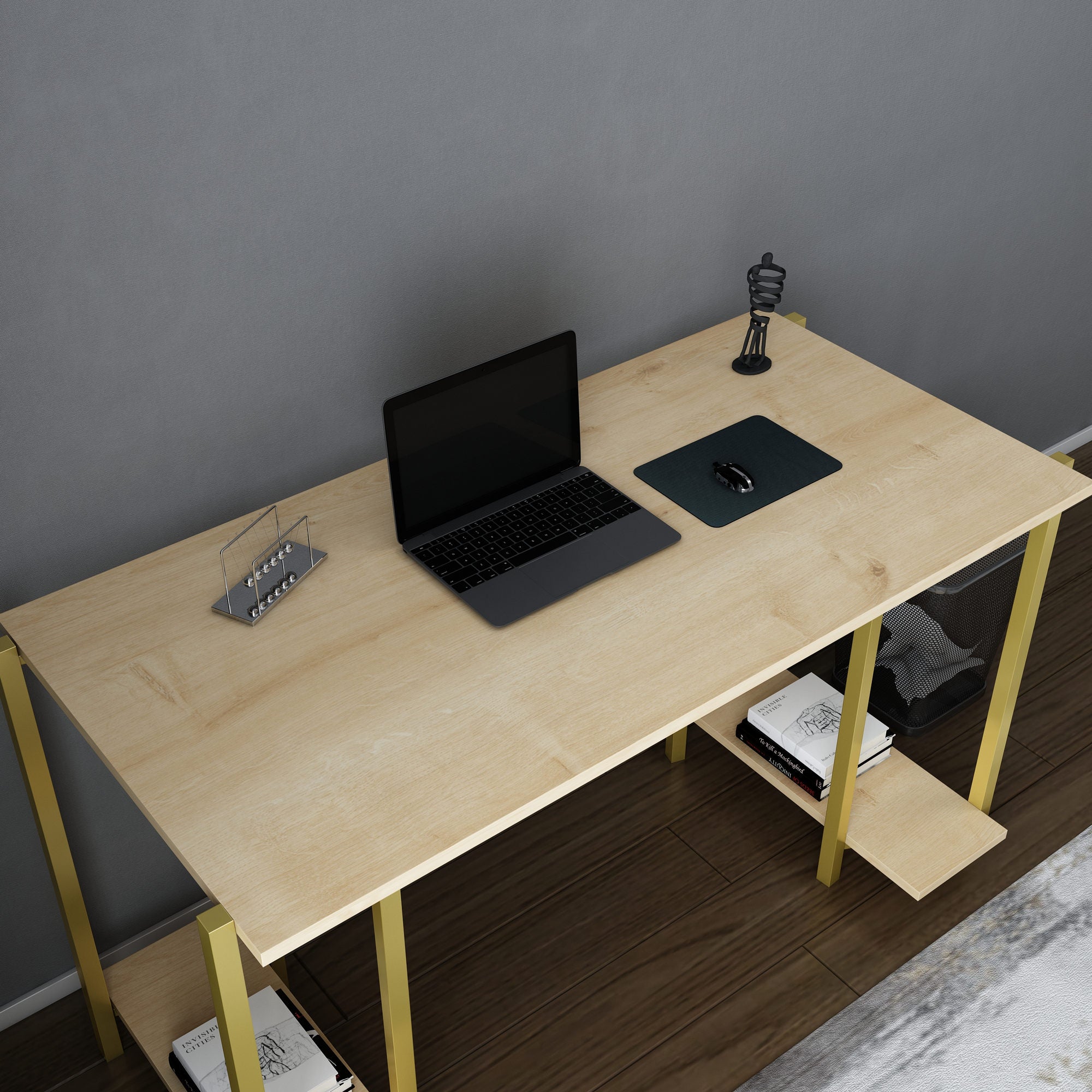 Secretária de Estudo/Escritório Moderna, Dourado e Carvalho, 125,2 x 60 x 73,8 cm | Painel de Partículas 100% Revestido em Melamina, 18 mm de Espessura | Design Elegante para Casa e Escritório