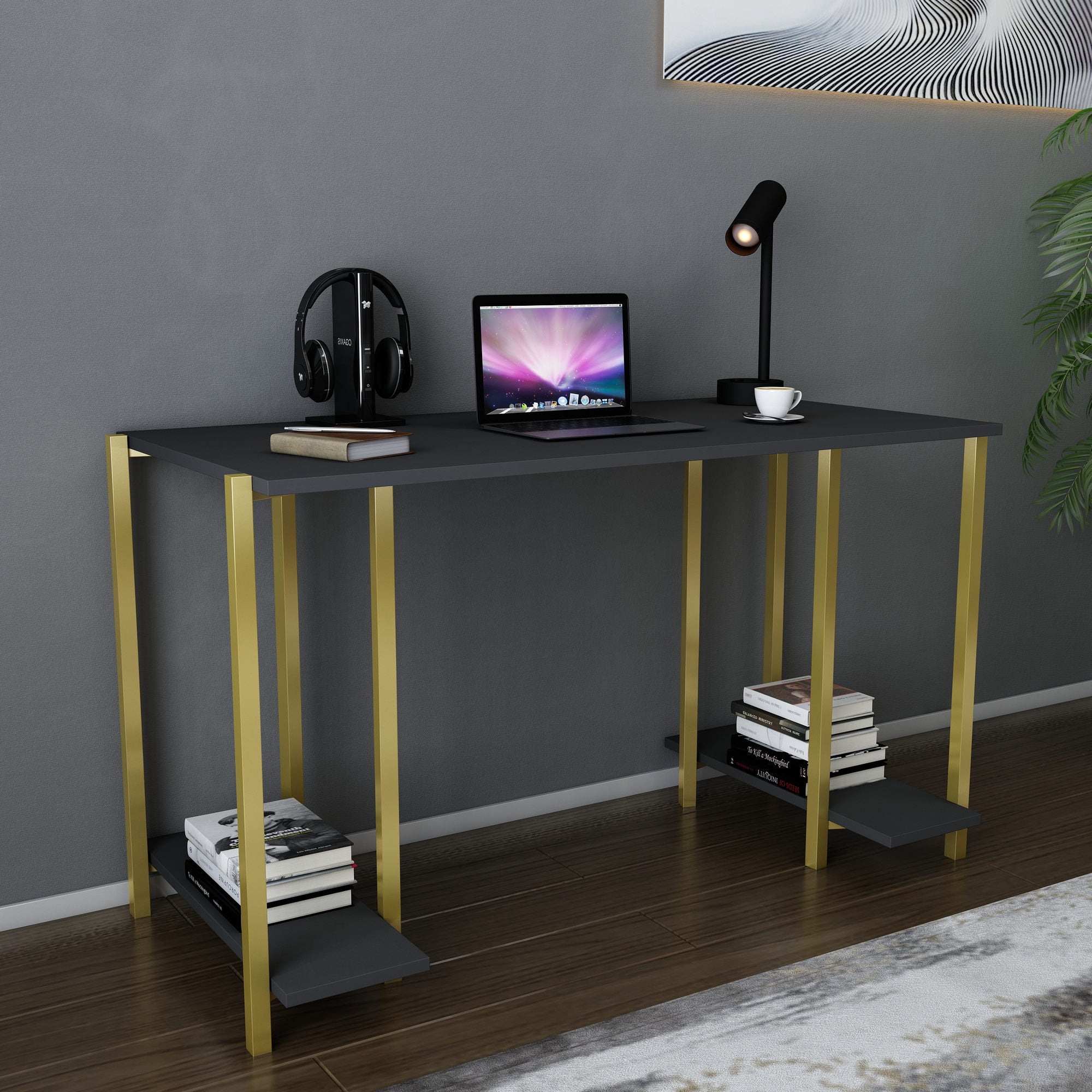 Secretária de Estudo/Escritório Moderna, Dourado e Antracite, 125,2 x 60 x 73,8 cm | Painel de Partículas 100% Revestido em Melamina, 18 mm de Espessura | Design Glamouroso para Casa e Escritório