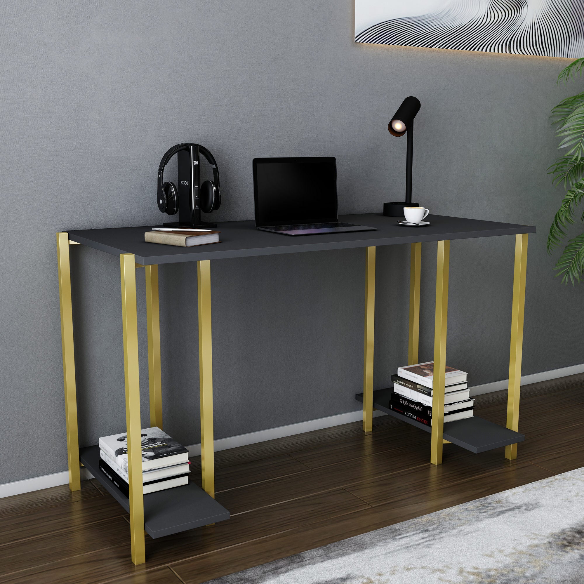Secretária de Estudo/Escritório Moderna, Dourado e Antracite, 125,2 x 60 x 73,8 cm | Painel de Partículas 100% Revestido em Melamina, 18 mm de Espessura | Design Glamouroso para Casa e Escritório