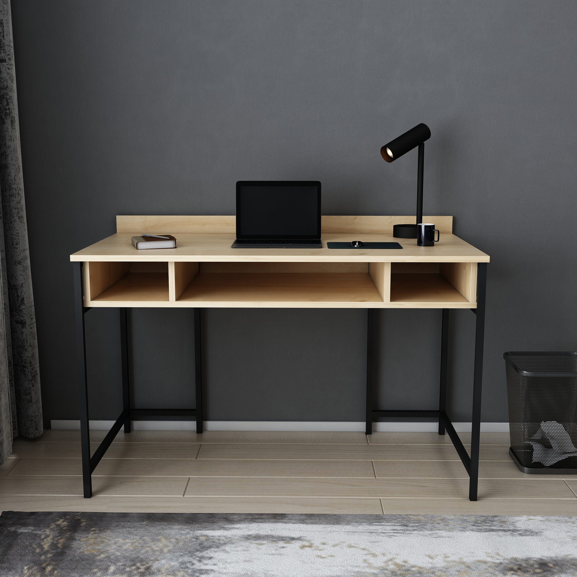 Secretária de Estudo/Escritório Moderna, Preta e Carvalho, 120 x 60 x 74,8 cm | Painel de Partículas 100% Revestido em Melamina, 18 mm de Espessura | Elegante e Funcional para Casa ou Escritório