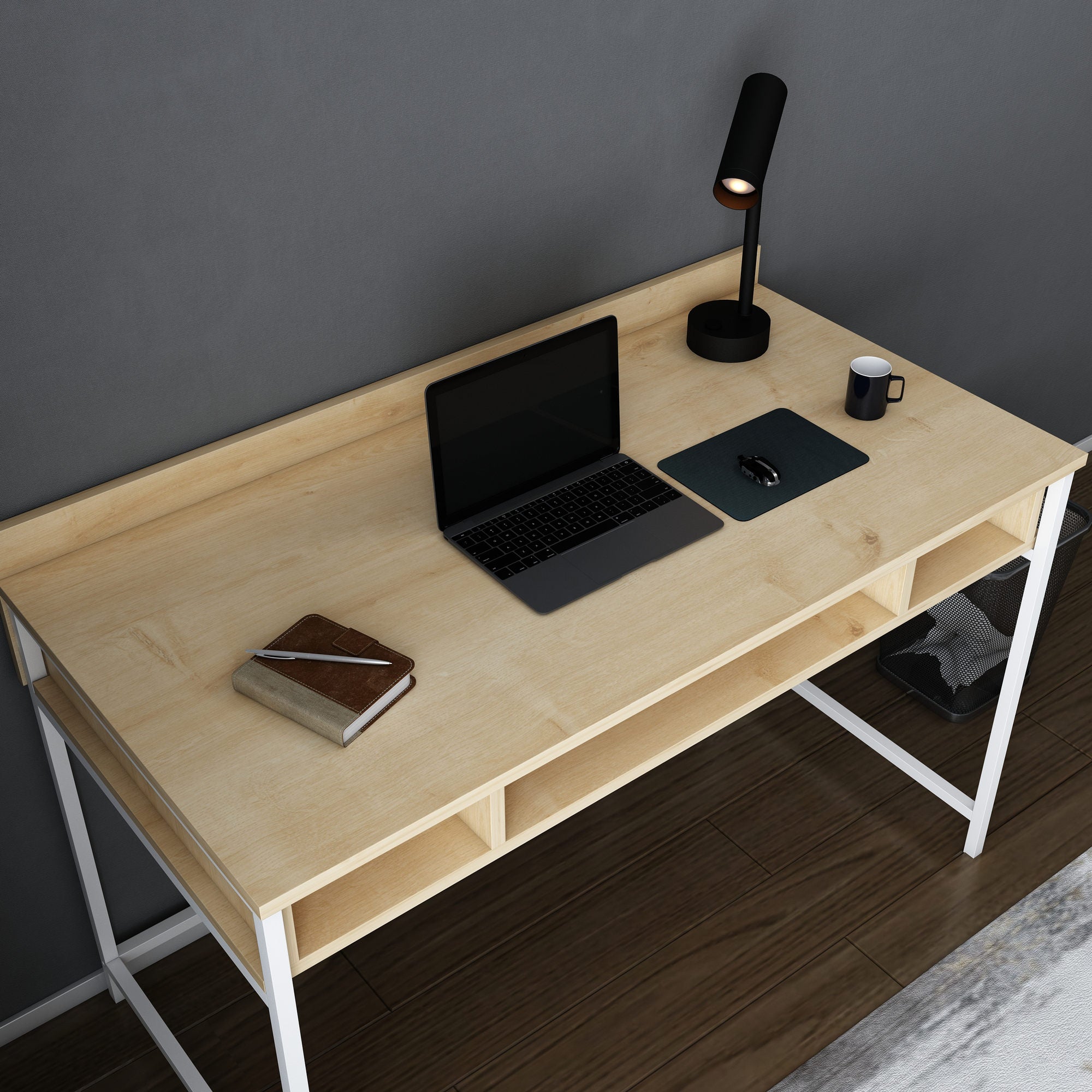 Secretária de Estudo/Escritório Moderna, Branca e Carvalho, 120 x 60 x 74,8 cm | Painel de Partículas 100% Revestido em Melamina, 18 mm de Espessura | Elegante e Funcional para Uso Doméstico ou Hoteleiro