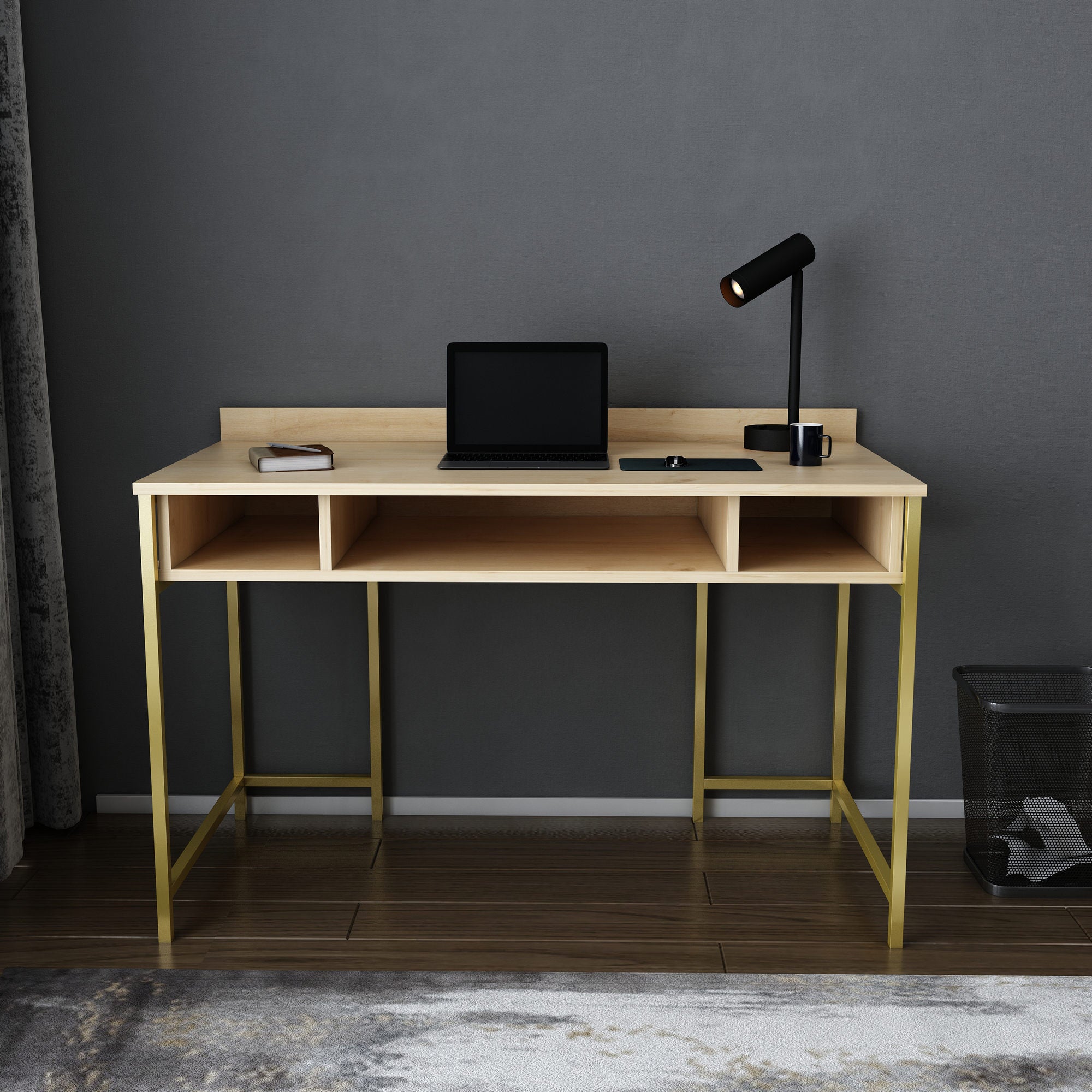 Secretária de Estudo/Escritório Moderna, Dourado e Carvalho, 120 x 60 x 74,8 cm | Painel de Partículas 100% Revestido em Melamina, 18 mm de Espessura | Design Glamouroso para Casa e Escritório