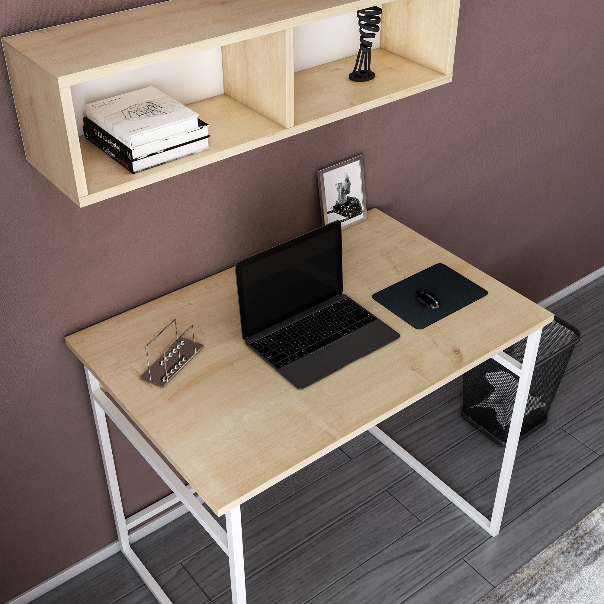 Secretária de Estudo/Escritório Moderna, Branca e Carvalho, 90 x 60 x 75 cm | Painel de Partículas 100% Revestido em Melamina, 18 mm de Espessura | Elegante e Funcional para Uso Doméstico ou Hoteleiro