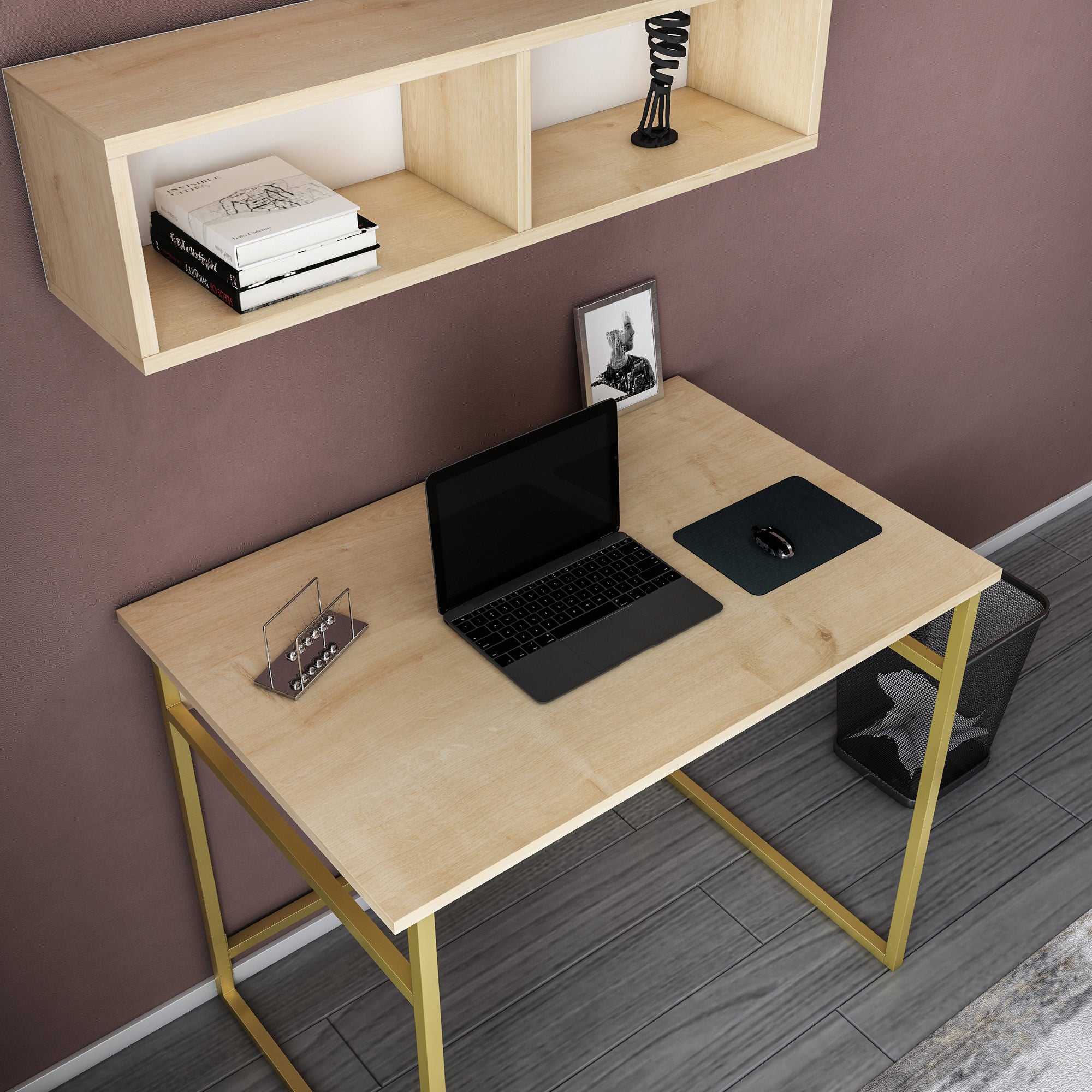 Secretária de Estudo/Escritório Moderna, Dourado e Carvalho, 90 x 60 x 75 cm | Painel de Partículas 100% Revestido em Melamina, 18 mm de Espessura | Elegante e Funcional para Escritórios em Casa e Espaços Glamourosos