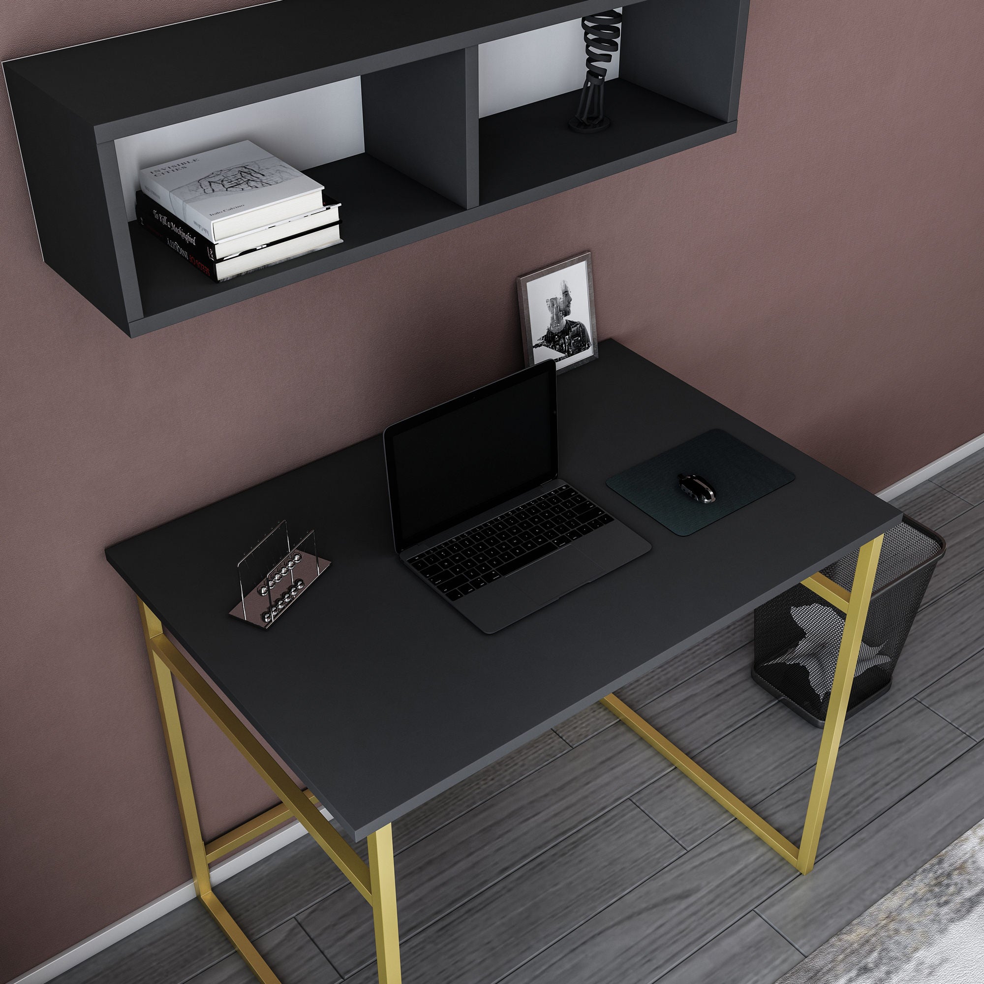 Secretária de Estudo/Escritório Moderna, Dourado e Antracite, 90 x 60 x 75 cm | Painel de Partículas 100% Revestido em Melamina, 18 mm de Espessura | Design Glamouroso para Casa e Escritório