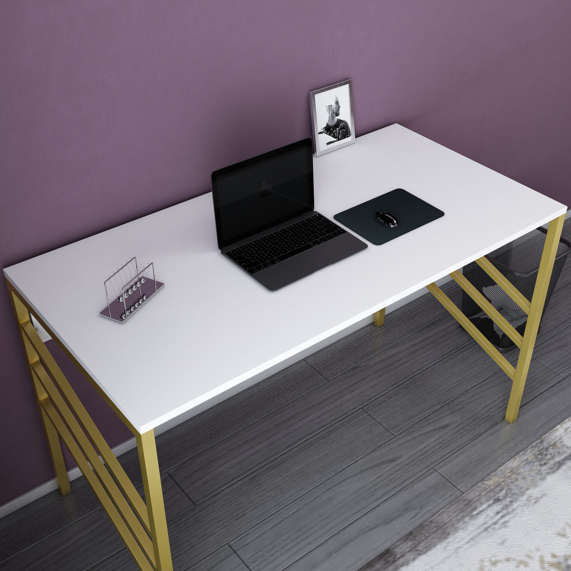 Secretária de Estudo/Escritório Moderna, Dourada e Branca, 120 x 60 x 74,8 cm | Painel de Partículas 100% Revestido em Melamina, 18 mm de Espessura | Design Glamouroso para Casa e Escritório