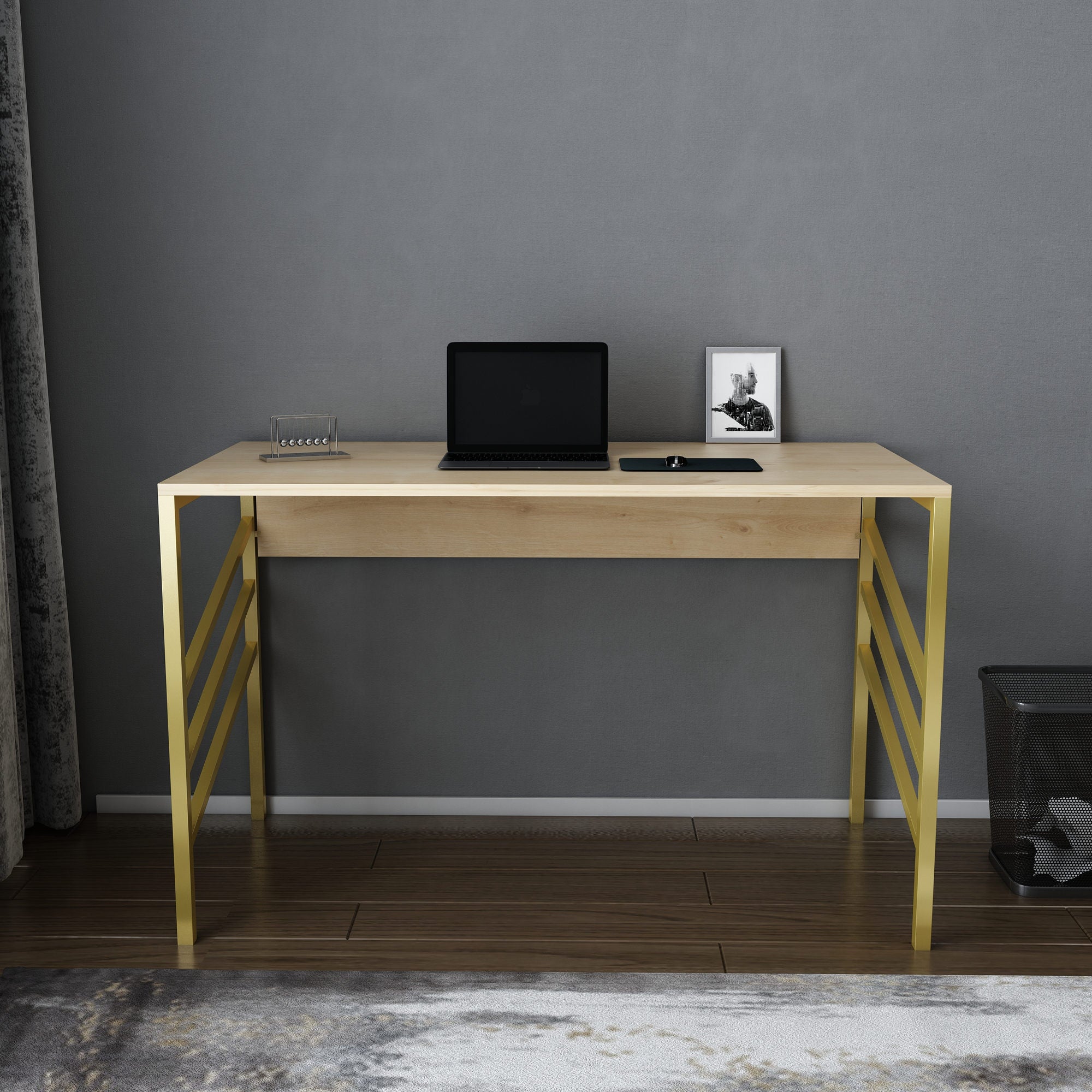 Secretária de Estudo/Escritório Moderna, Dourado e Carvalho, 120 x 60 x 74,8 cm | Painel de Partículas 100% Revestido em Melamina, 18 mm de Espessura | Design Glamouroso para Casa e Escritório