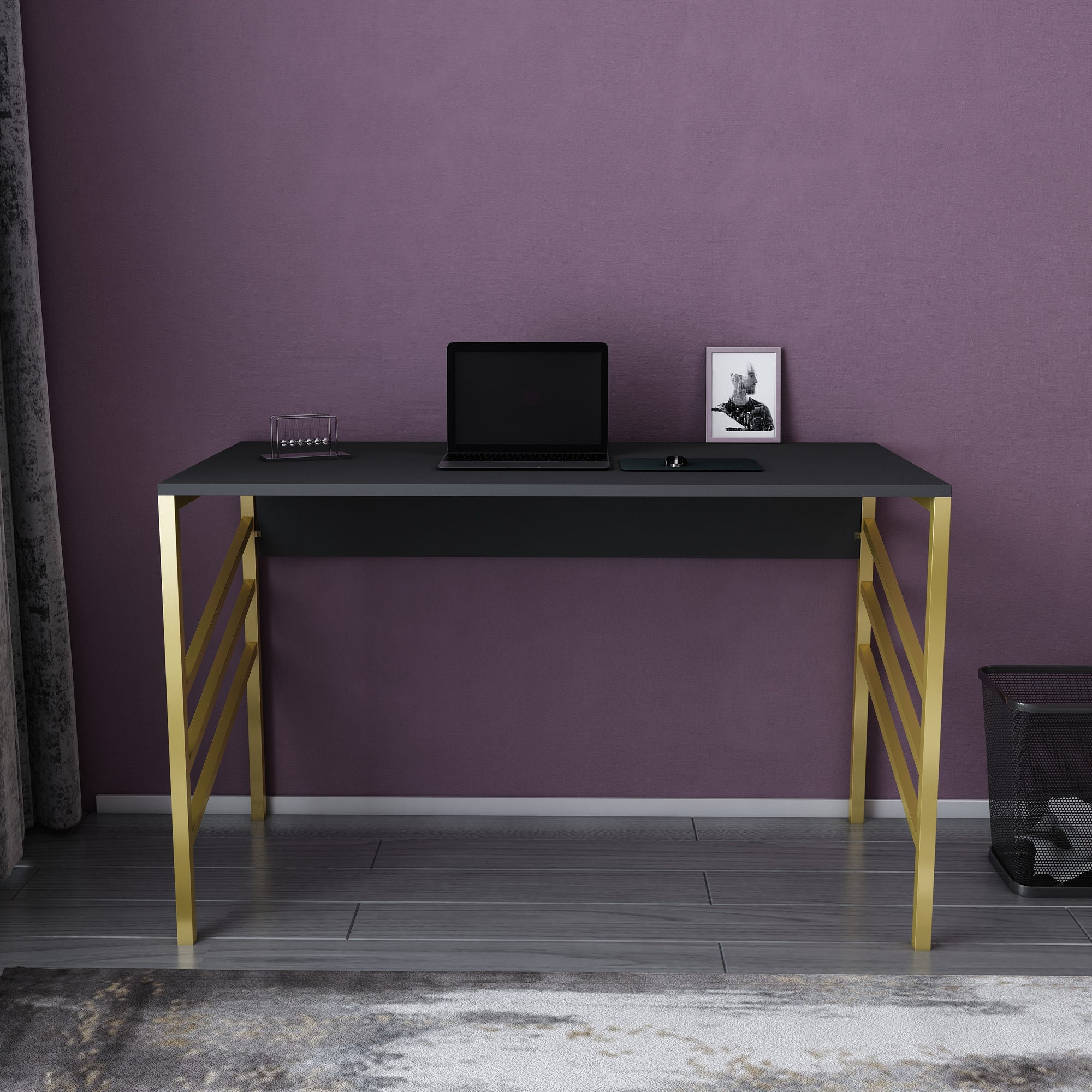 Secretária de Estudo/Escritório Moderna, Dourado e Antracite, 120 x 60 x 74,8 cm | Painel de Partículas 100% Revestido em Melamina, 18 mm de Espessura | Design Glamouroso para Casa e Escritório