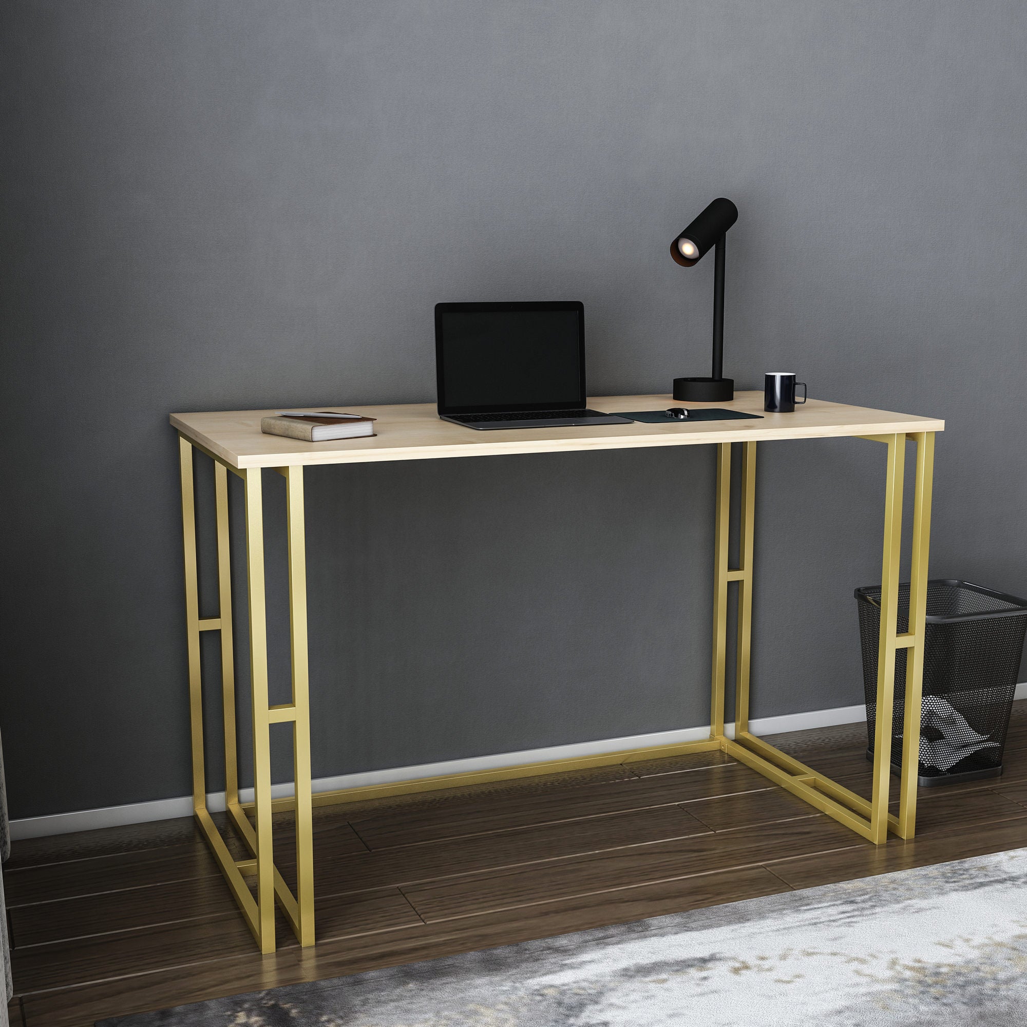 Secretária de Estudo/Escritório Moderna, Dourado e Carvalho, 120 x 60 x 74,8 cm | Painel de Partículas 100% Revestido em Melamina, 18 mm de Espessura | Design Glamouroso para Casa e Escritório