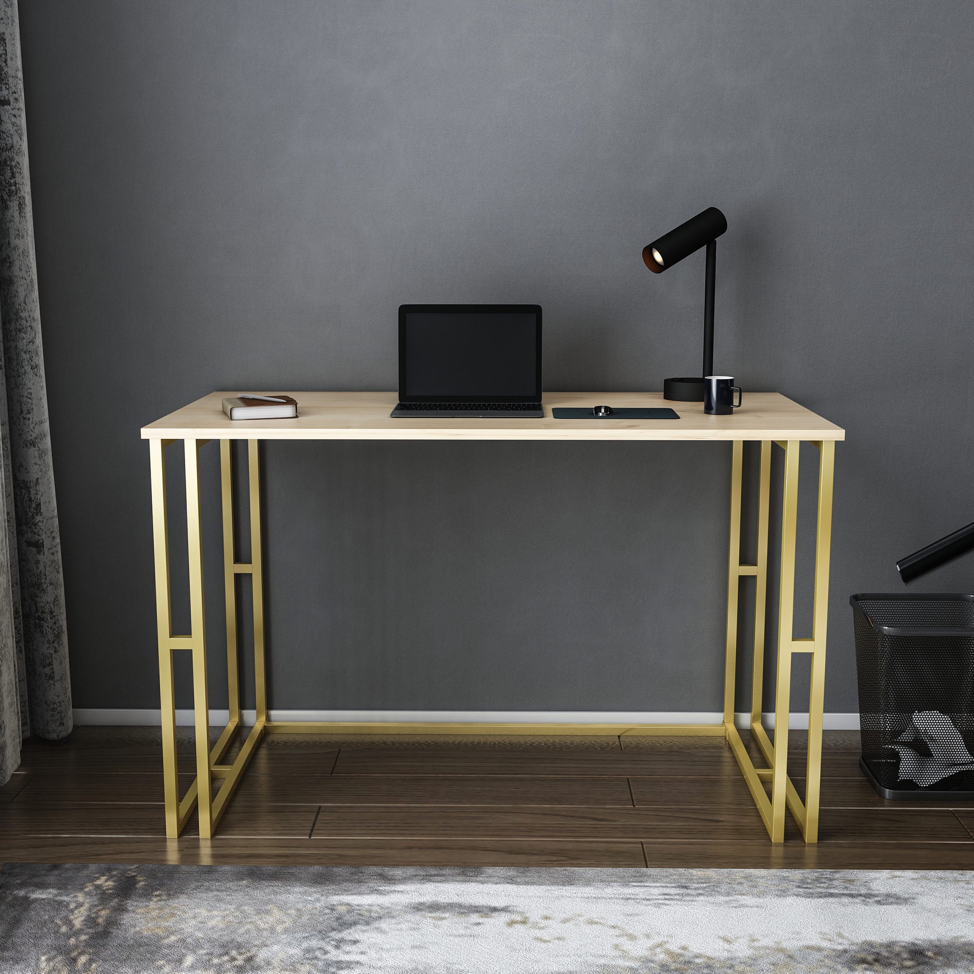 Secretária de Estudo/Escritório Moderna, Dourado e Carvalho, 120 x 60 x 74,8 cm | Painel de Partículas 100% Revestido em Melamina, 18 mm de Espessura | Design Glamouroso para Casa e Escritório
