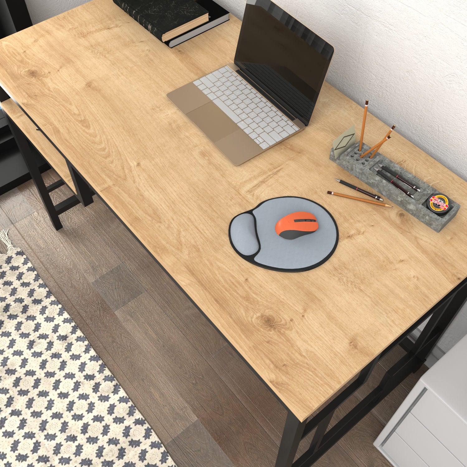 Secretária de Estudo/Escritório Moderna, Preta e Carvalho, 120 x 60 x 74,8 cm | Painel de Partículas 100% Revestido em Melamina, 18 mm de Espessura | Elegante e Funcional para Casa ou Escritório