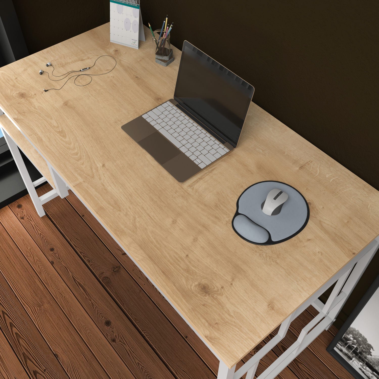 Secretária de Estudo/Escritório Moderna, Branca e Carvalho, 120 x 60 x 74,8 cm | Painel de Partículas 100% Revestido em Melamina, 18 mm de Espessura | Elegante e Funcional para Uso Doméstico ou Hoteleiro