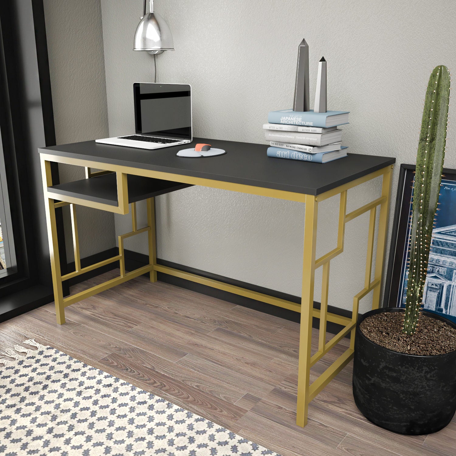 Secretária de Estudo/Escritório Moderna, Dourado e Antracite, 120 x 60 x 74,8 cm | Painel de Partículas 100% Revestido em Melamina, 18 mm de Espessura | Design Glamouroso para Casa e Escritório