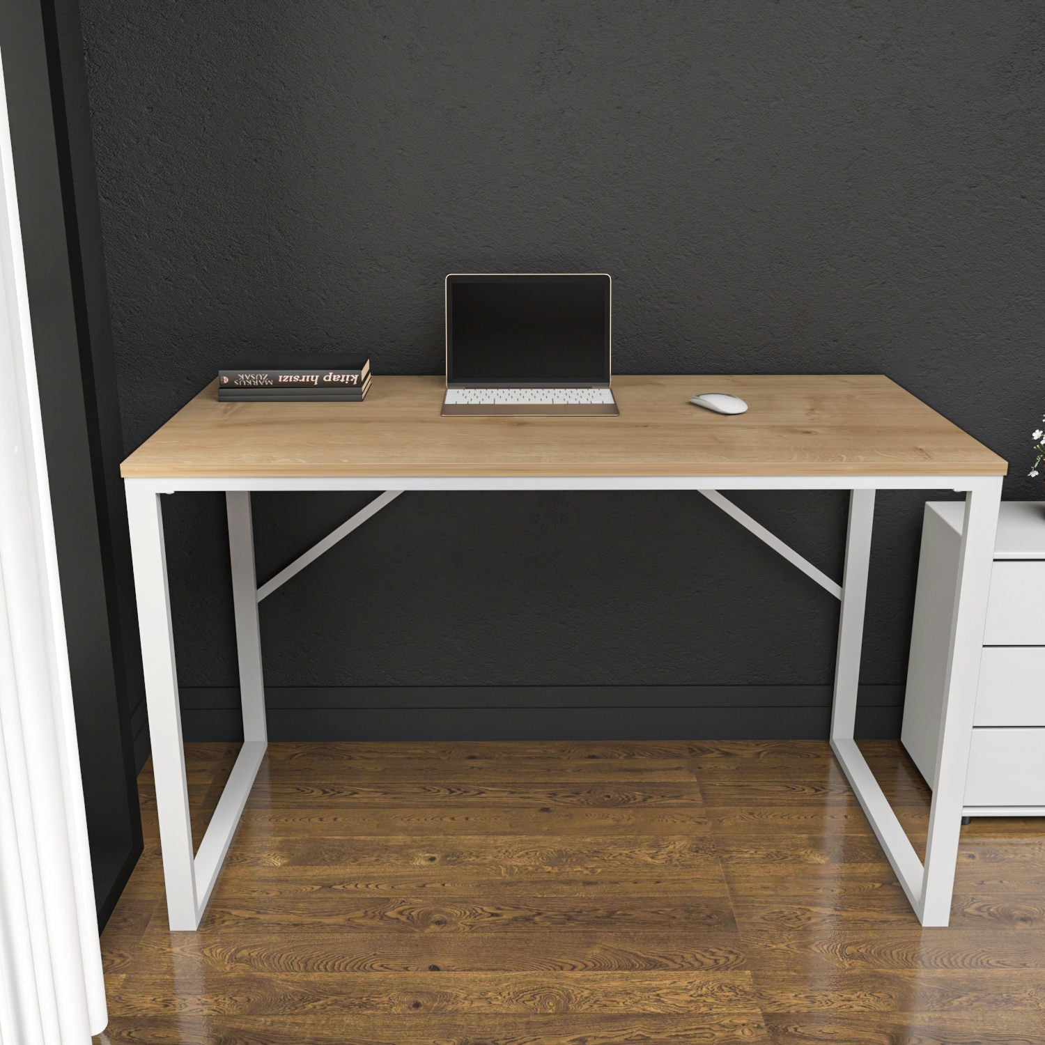 Secretária de Estudo/Escritório Moderna, Branca e Carvalho, 120 x 60 x 74 cm | Painel de Partículas 100% Revestido em Melamina, 18 mm de Espessura | Design Escandinavo Elegante para Casa e Escritório