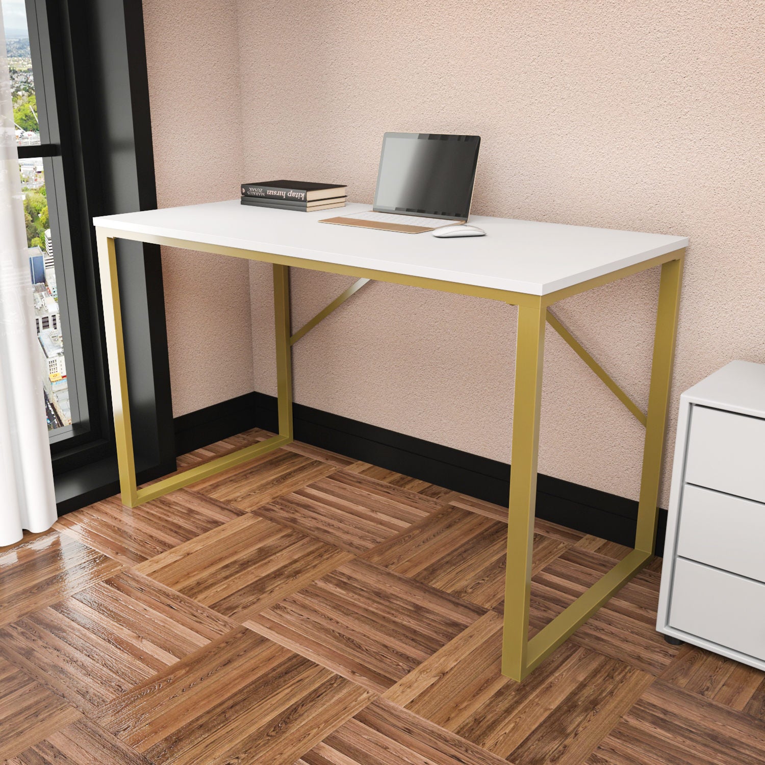 Secretária de Estudo/Escritório Moderna, Dourada e Branca, 120 x 60 x 74 cm | Painel de Partículas 100% Revestido em Melamina, 18 mm de Espessura | Design Elegante e Glamouroso para Escritório em Casa