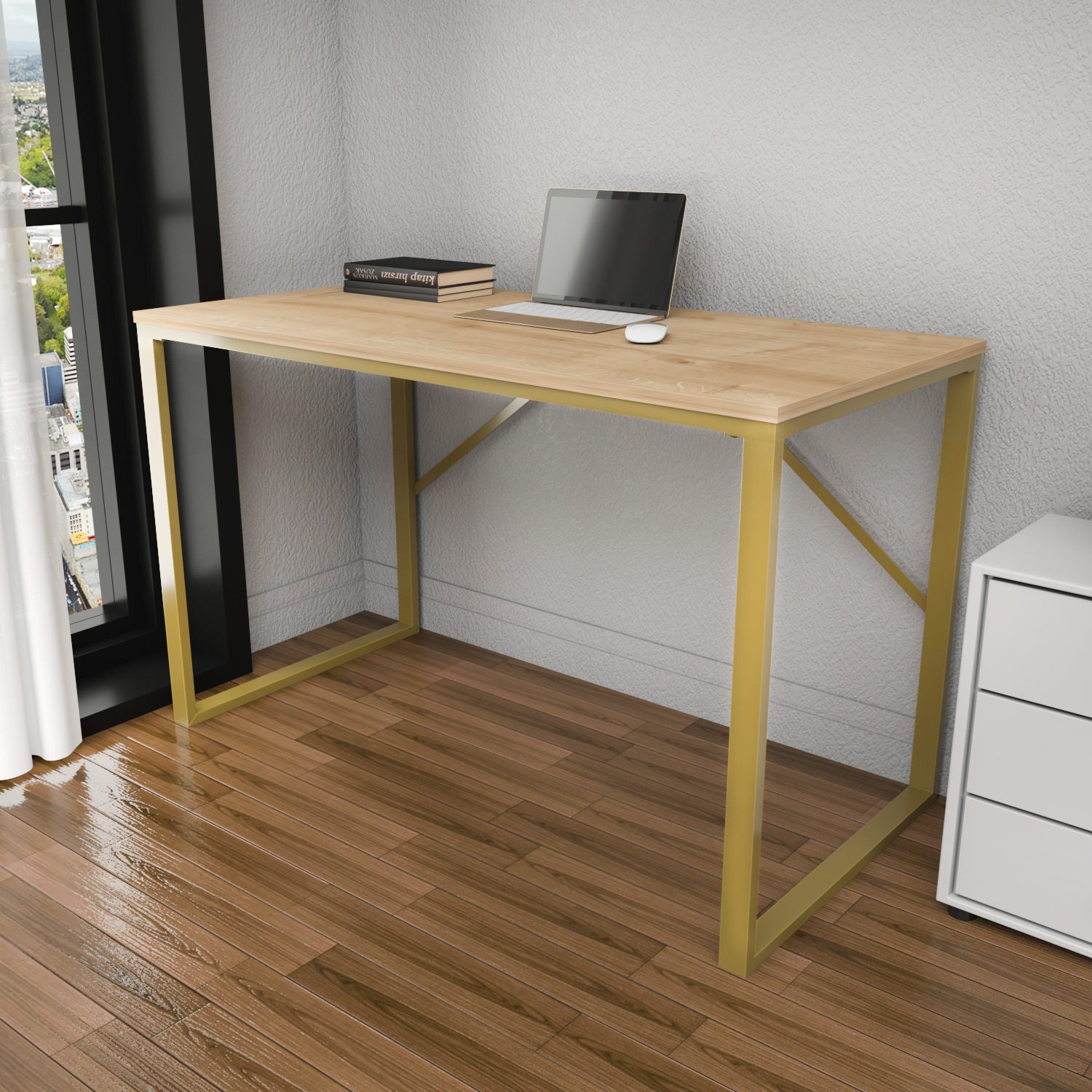 Secretária de Estudo/Escritório Moderna, Dourado e Carvalho, 120 x 60 x 74 cm | Painel de Partículas 100% Revestido em Melamina, 18 mm de Espessura | Design Glamouroso para Uso Residencial e Hoteleiro