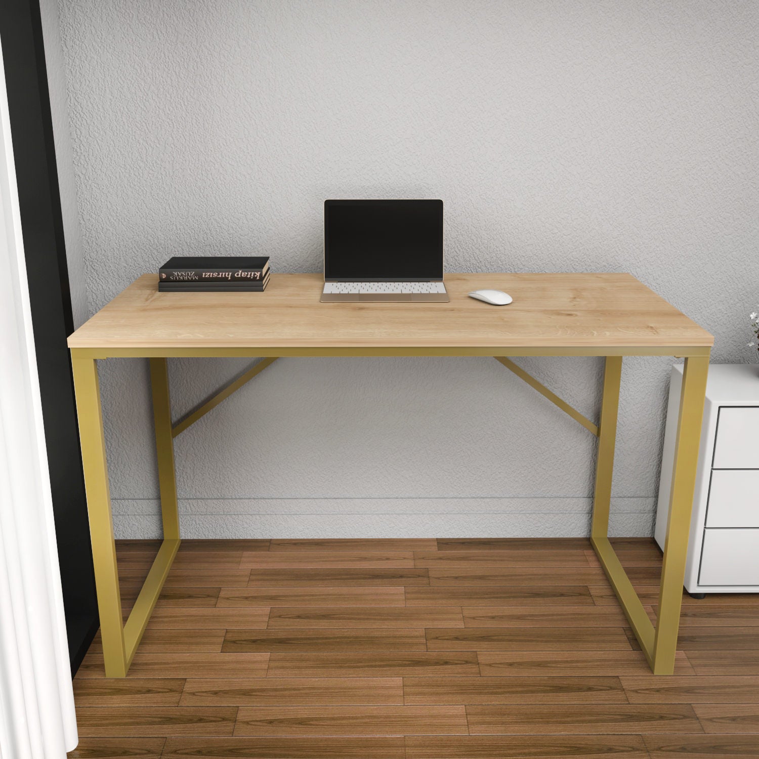 Secretária de Estudo/Escritório Moderna, Dourado e Carvalho, 120 x 60 x 74 cm | Painel de Partículas 100% Revestido em Melamina, 18 mm de Espessura | Design Glamouroso para Uso Residencial e Hoteleiro