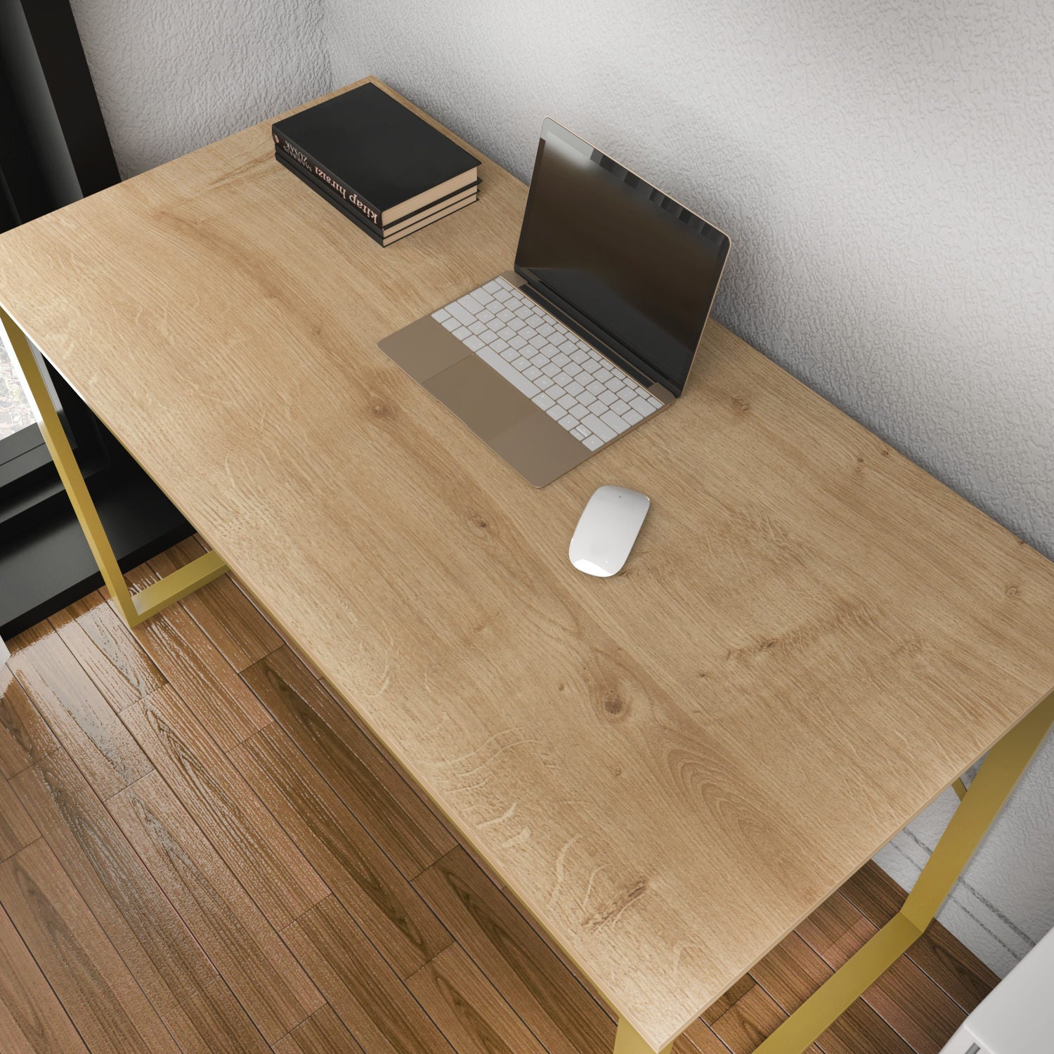 Secretária de Estudo/Escritório Moderna, Dourado e Carvalho, 120 x 60 x 74 cm | Painel de Partículas 100% Revestido em Melamina, 18 mm de Espessura | Design Glamouroso para Uso Residencial e Hoteleiro