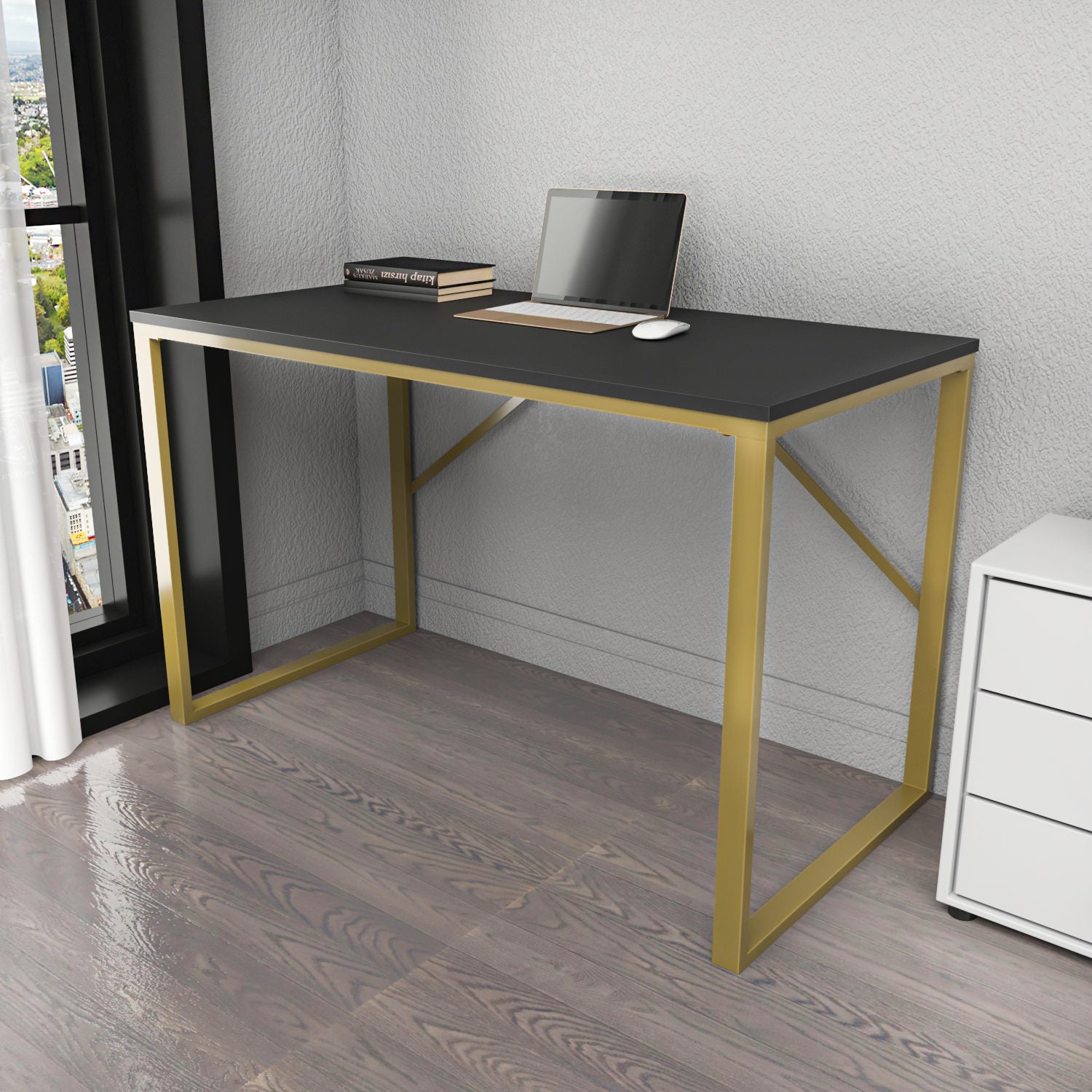 Secretária de Estudo/Escritório Moderna, Dourado e Antracite, 120 x 60 x 74 cm | Painel de Partículas 100% Revestido em Melamina, 18 mm de Espessura | Design Glamouroso para Casa e Escritório