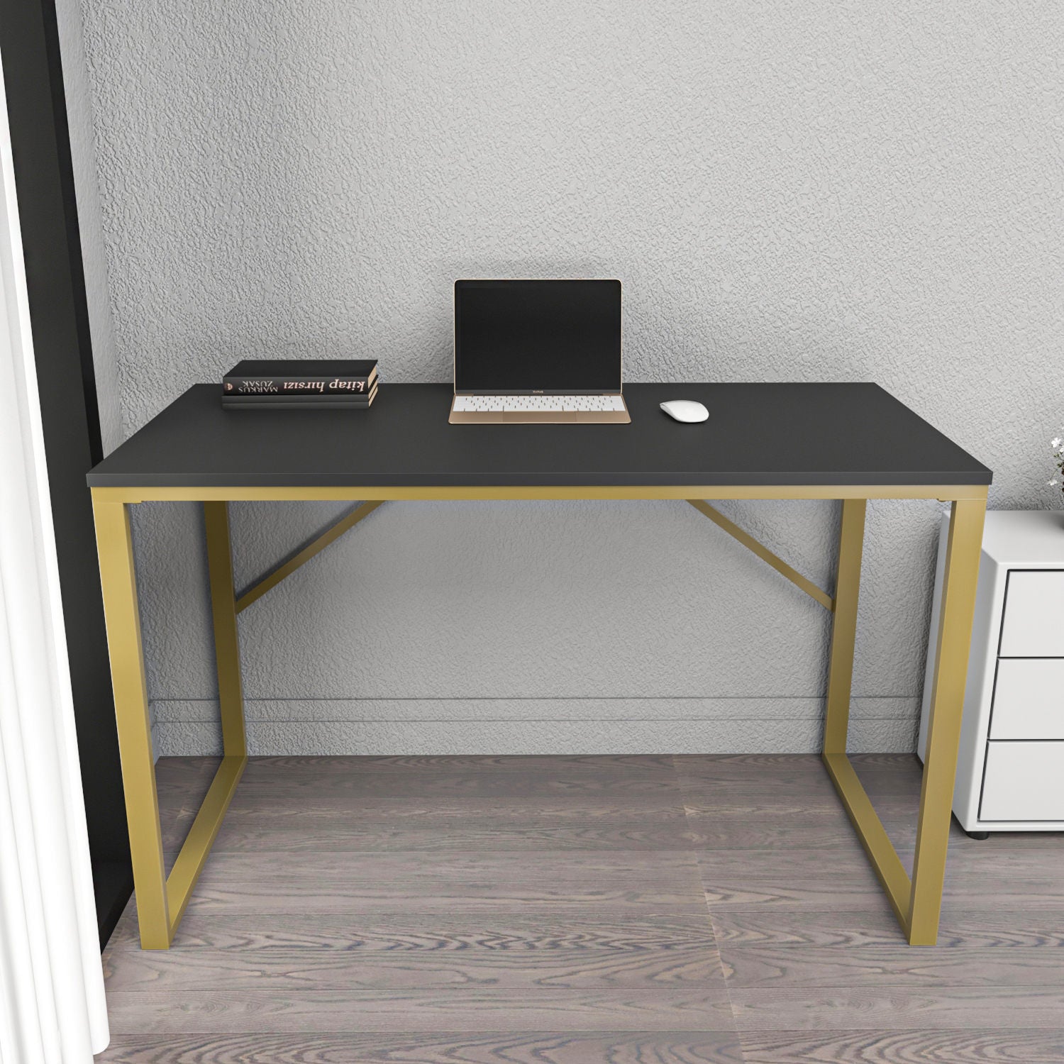 Secretária de Estudo/Escritório Moderna, Dourado e Antracite, 120 x 60 x 74 cm | Painel de Partículas 100% Revestido em Melamina, 18 mm de Espessura | Design Glamouroso para Casa e Escritório