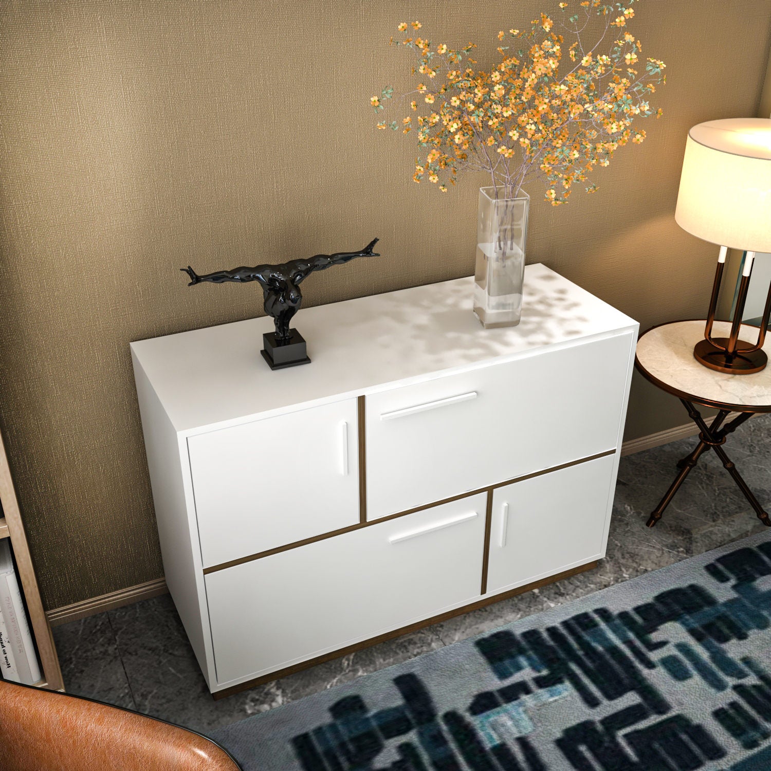 Aparador Moderno, Branco e Nogueira, 120 x 45 x 81,6 cm | Painel de Partículas 100% Revestido em Melamina, 18 mm de Espessura | Elegante e Funcional para Decoração de Casa