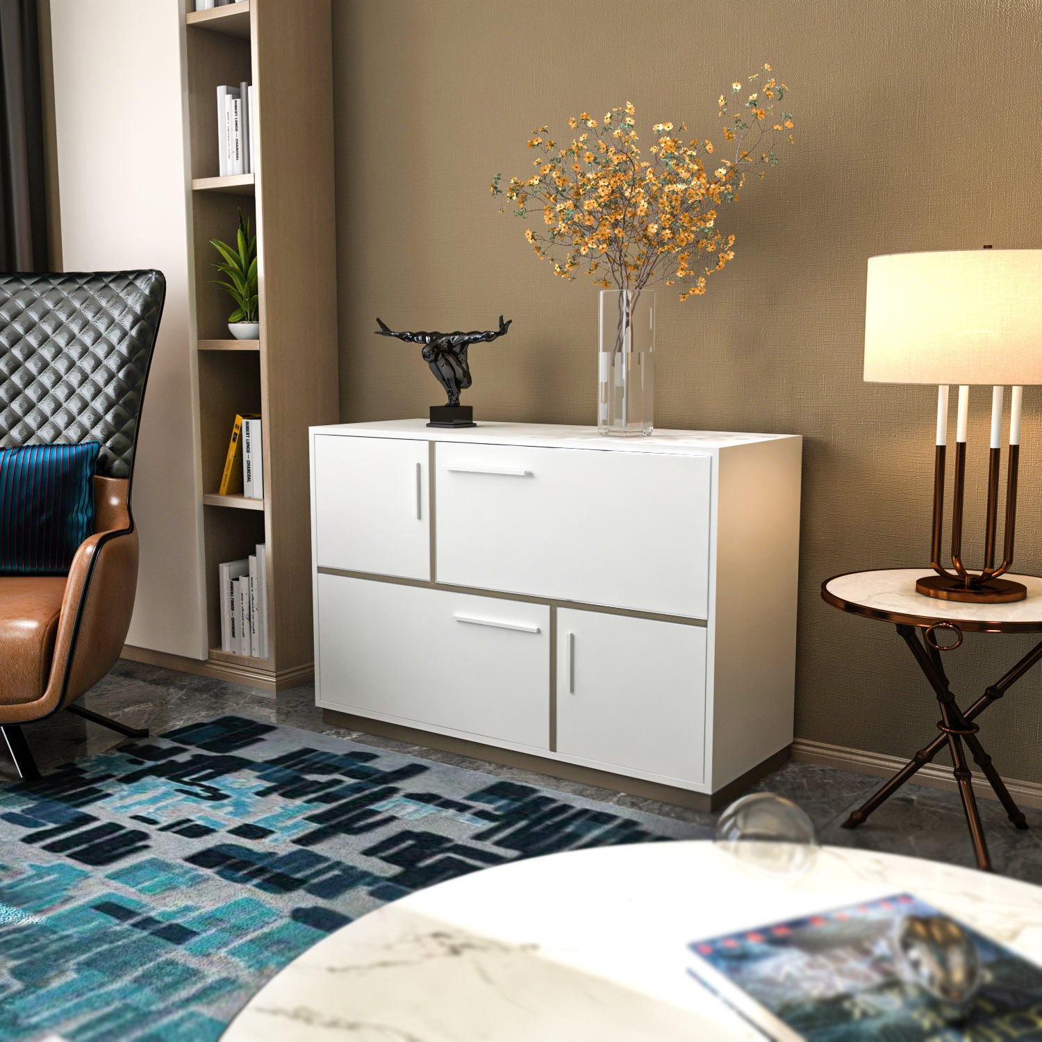 Aparador Moderno, Branco e Cinza, 120 x 45 x 81,6 cm | Painel de Partículas 100% Revestido em Melamina, 18 mm de Espessura | Elegante e Funcional para Decoração de Casa