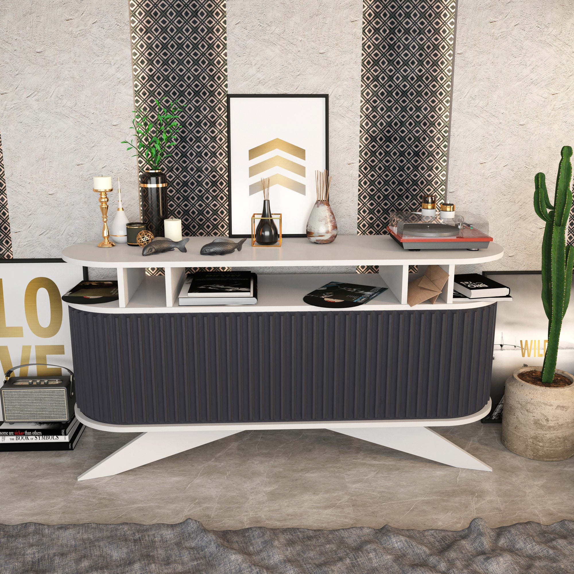 Aparador moderno, 150 cm, branco e antracite | Painel de partículas 100% revestido em melamina, 18 mm de espessura | Solução de armazenamento elegante para espaços contemporâneos