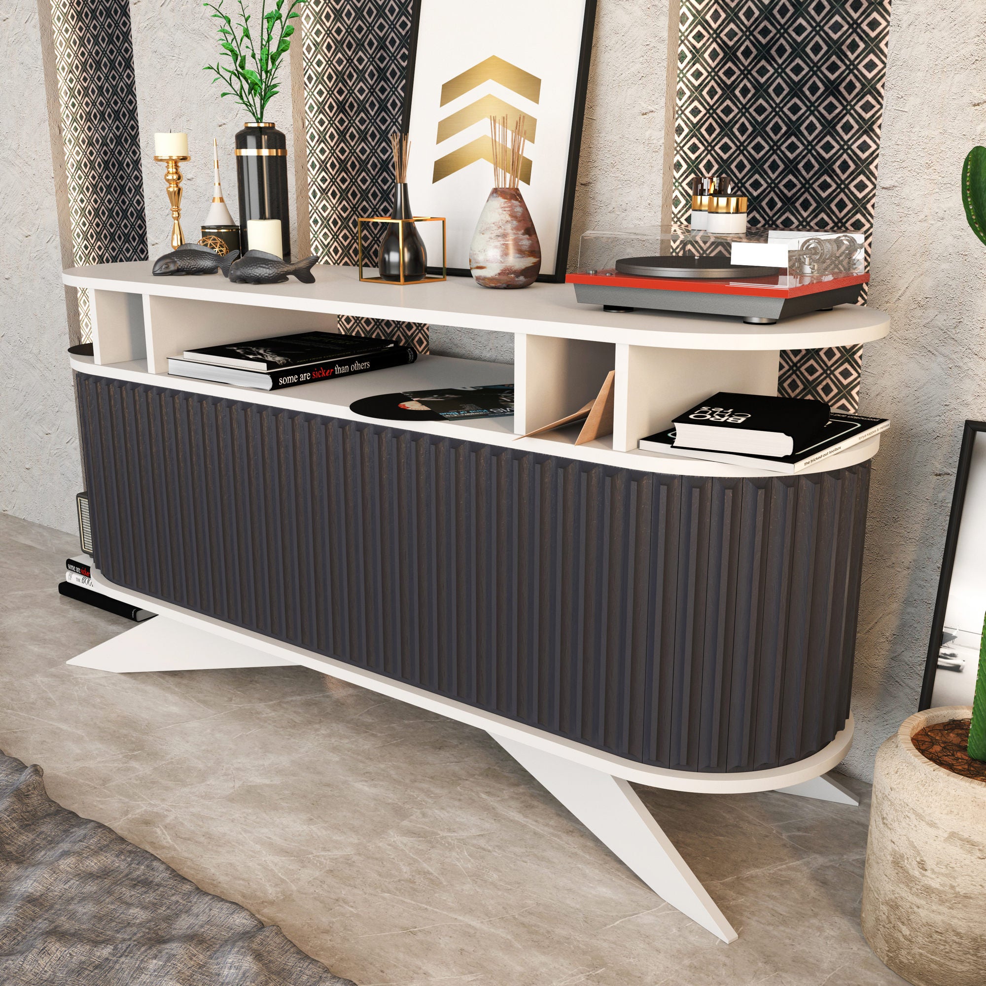 Aparador moderno, 150 cm, branco e antracite | Painel de partículas 100% revestido em melamina, 18 mm de espessura | Solução de armazenamento elegante para espaços contemporâneos