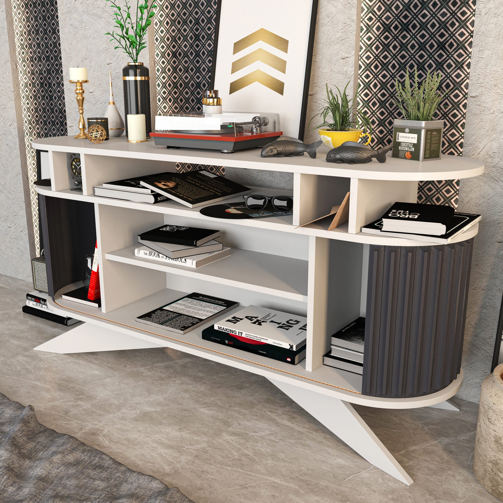 Aparador moderno, 150 cm, branco e antracite | Painel de partículas 100% revestido em melamina, 18 mm de espessura | Solução de armazenamento elegante para espaços contemporâneos