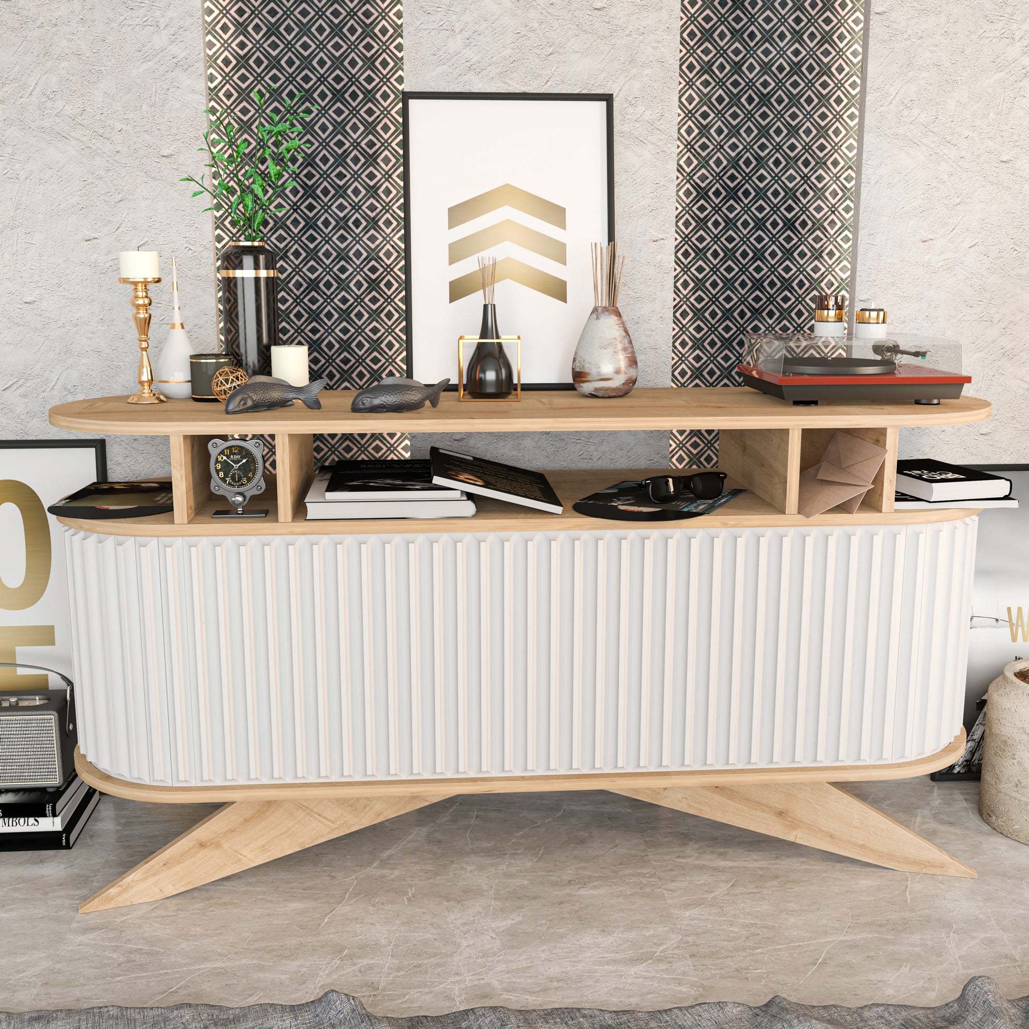 Aparador moderno, carvalho e branco, 150 x 43 x 75 cm | Painel de partículas 100% revestido de melamina, 18 mm de espessura | Solução de armazenamento elegante para casa e escritório