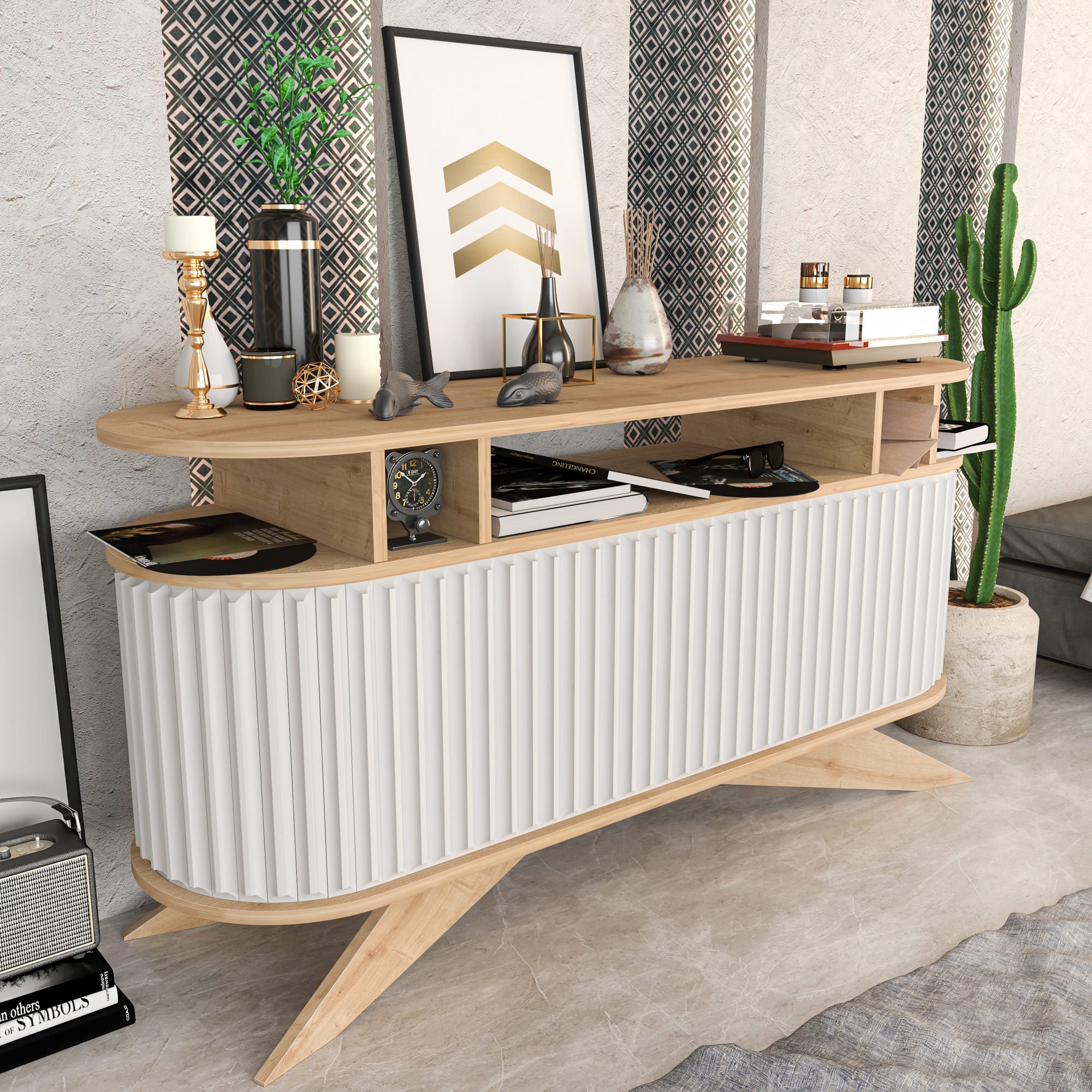 Aparador moderno, carvalho e branco, 150 x 43 x 75 cm | Painel de partículas 100% revestido de melamina, 18 mm de espessura | Solução de armazenamento elegante para casa e escritório