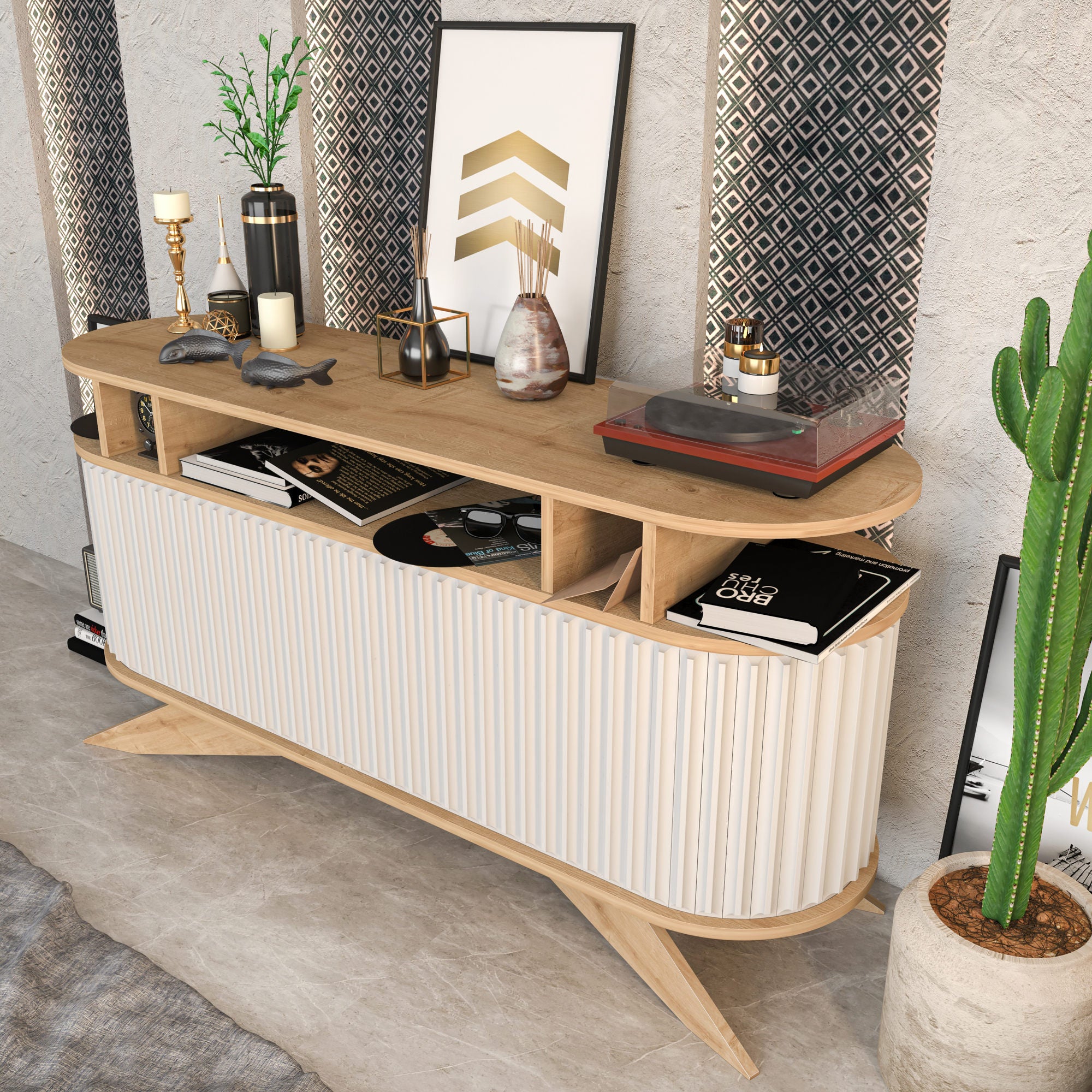 Aparador moderno, carvalho e branco, 150 x 43 x 75 cm | Painel de partículas 100% revestido de melamina, 18 mm de espessura | Solução de armazenamento elegante para casa e escritório