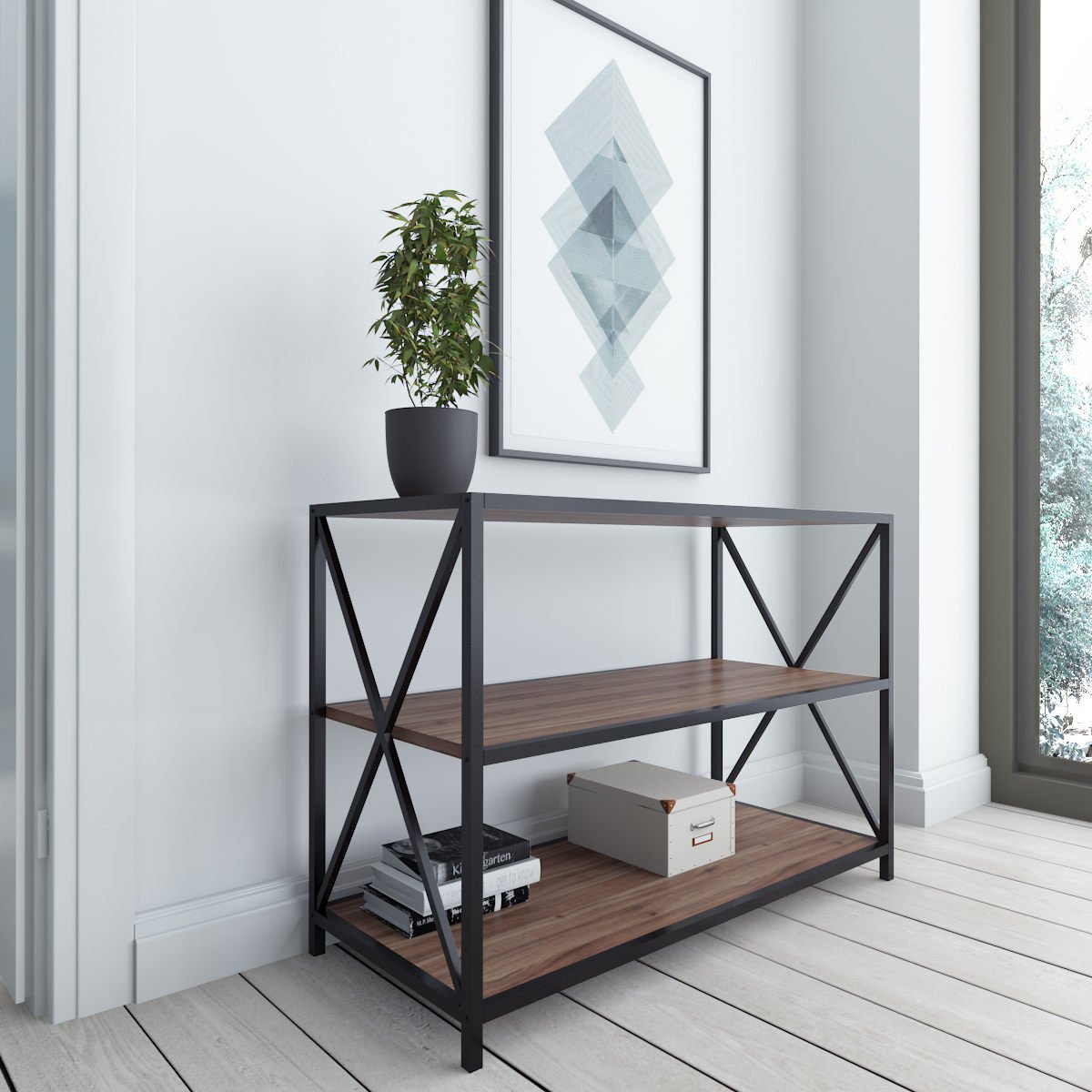 Aparador elegante em nogueira e preto, 94 x 40 x 65 cm | Painel de partículas 100% revestido em melamina, 18 mm de espessura | Estrutura de metal durável, perfeita para espaços modernos