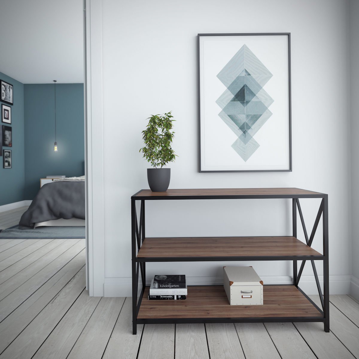 Aparador elegante em nogueira e preto, 94 x 40 x 65 cm | Painel de partículas 100% revestido em melamina, 18 mm de espessura | Estrutura de metal durável, perfeita para espaços modernos