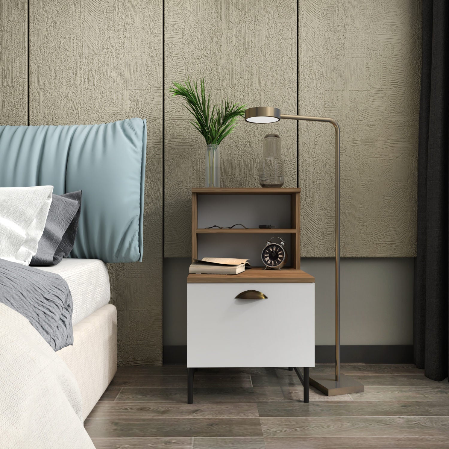 Mesa de Cabeceira Escandinava, Nogueira e Branco, 45 x 83 x 22,5 cm | Painel de Partículas 100% Revestido com Melamina, 18 mm de Espessura | Solução de Armazenamento Elegante e Funcional