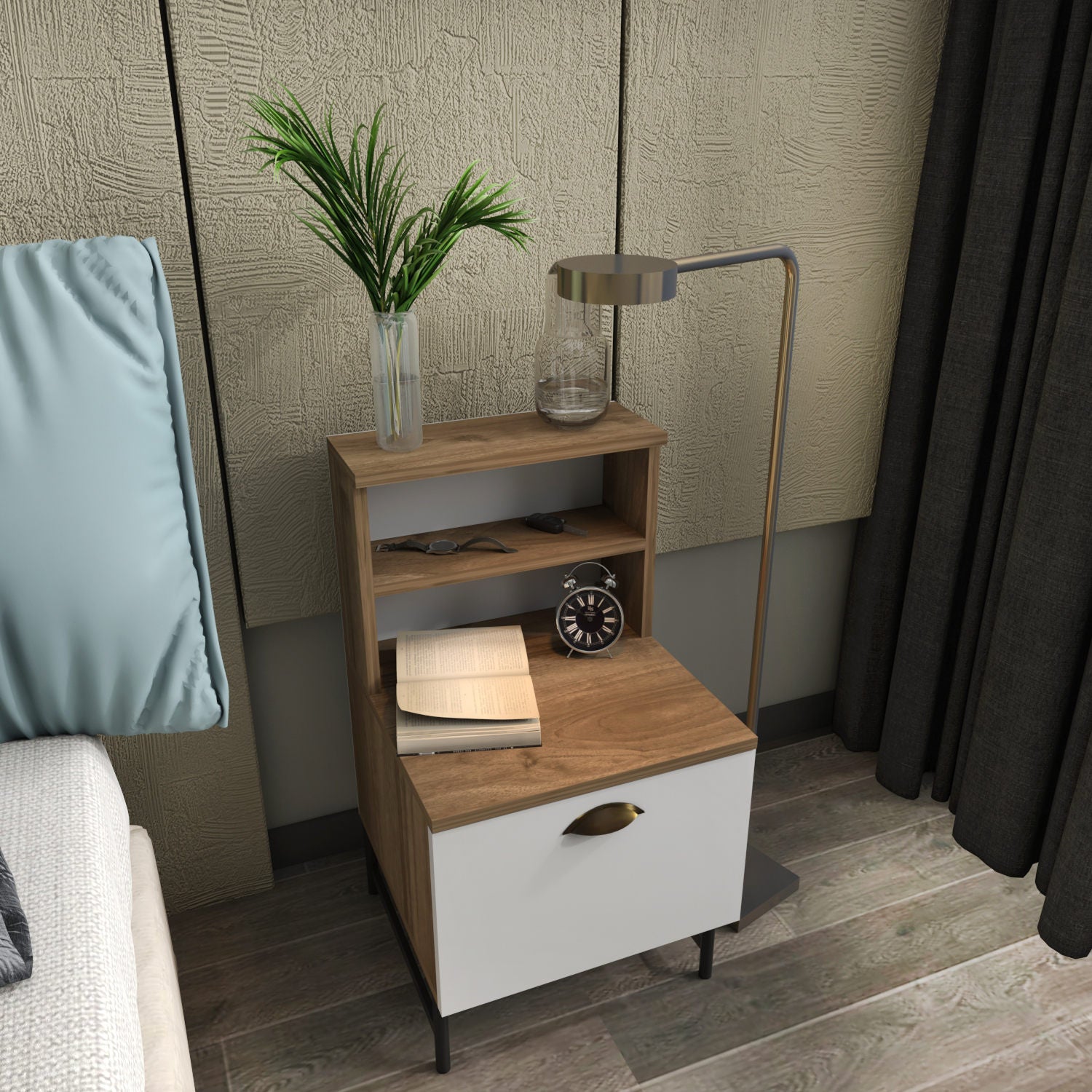 Mesa de Cabeceira Escandinava, Nogueira e Branco, 45 x 83 x 22,5 cm | Painel de Partículas 100% Revestido com Melamina, 18 mm de Espessura | Solução de Armazenamento Elegante e Funcional