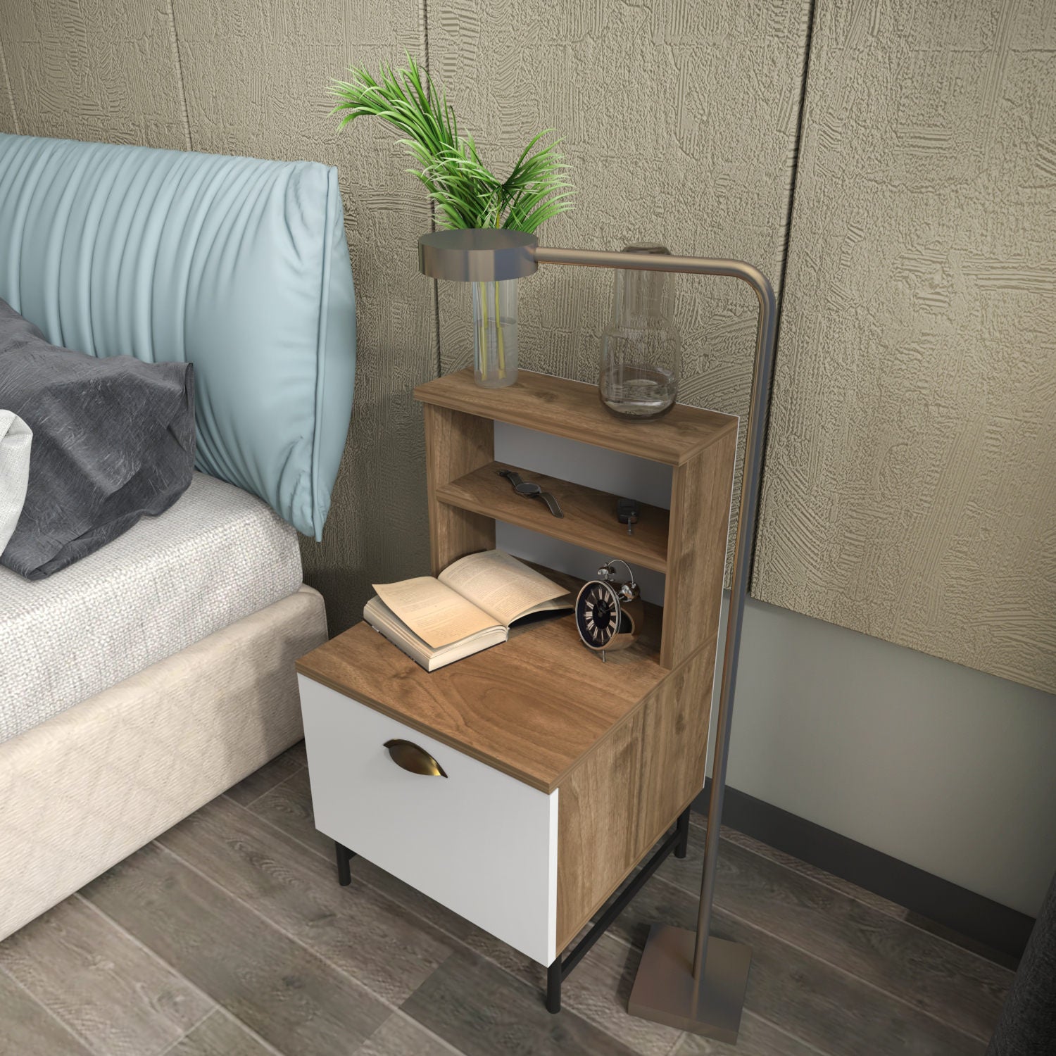 Mesa de Cabeceira Escandinava, Nogueira e Branco, 45 x 83 x 22,5 cm | Painel de Partículas 100% Revestido com Melamina, 18 mm de Espessura | Solução de Armazenamento Elegante e Funcional