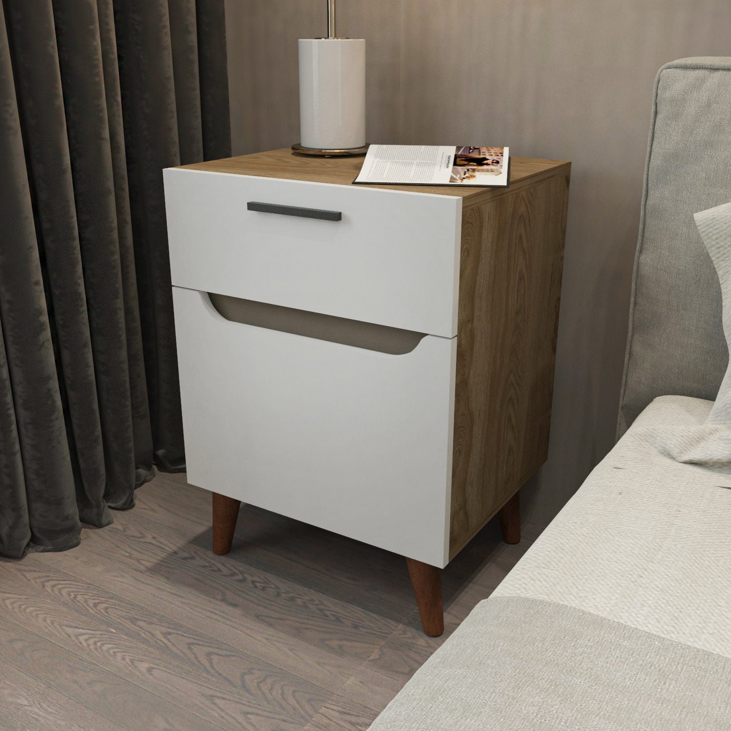 Mesa de Cabeceira Escandinava, Branca e Carvalho, 45 x 36,8 x 63 cm | Painel de Partículas 100% Revestido em Melamina, 18 mm de Espessura | Elegante e Funcional para Quartos Modernos