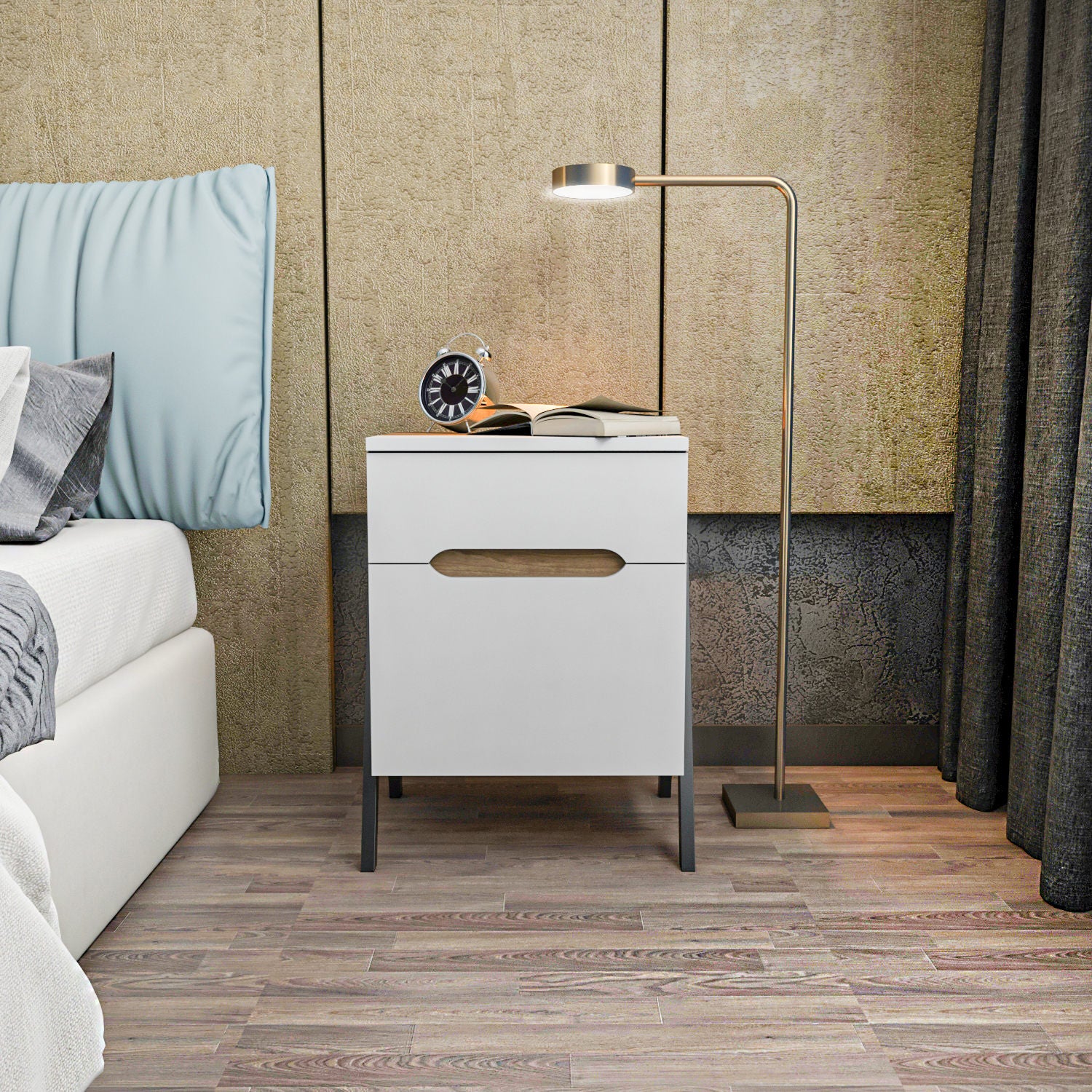 Mesa de Cabeceira Escandinava, Nogueira e Branco, 45 x 38 x 63,5 cm | Painel de Partículas 100% Revestido em Melamina, 18 mm de Espessura | Elegante e Funcional para Quartos Modernos