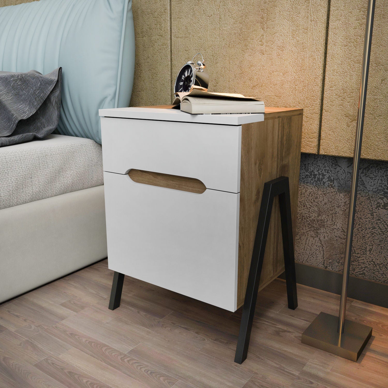 Mesa de Cabeceira Escandinava, Nogueira e Branco, 45 x 38 x 63,5 cm | Painel de Partículas 100% Revestido em Melamina, 18 mm de Espessura | Elegante e Funcional para Quartos Modernos