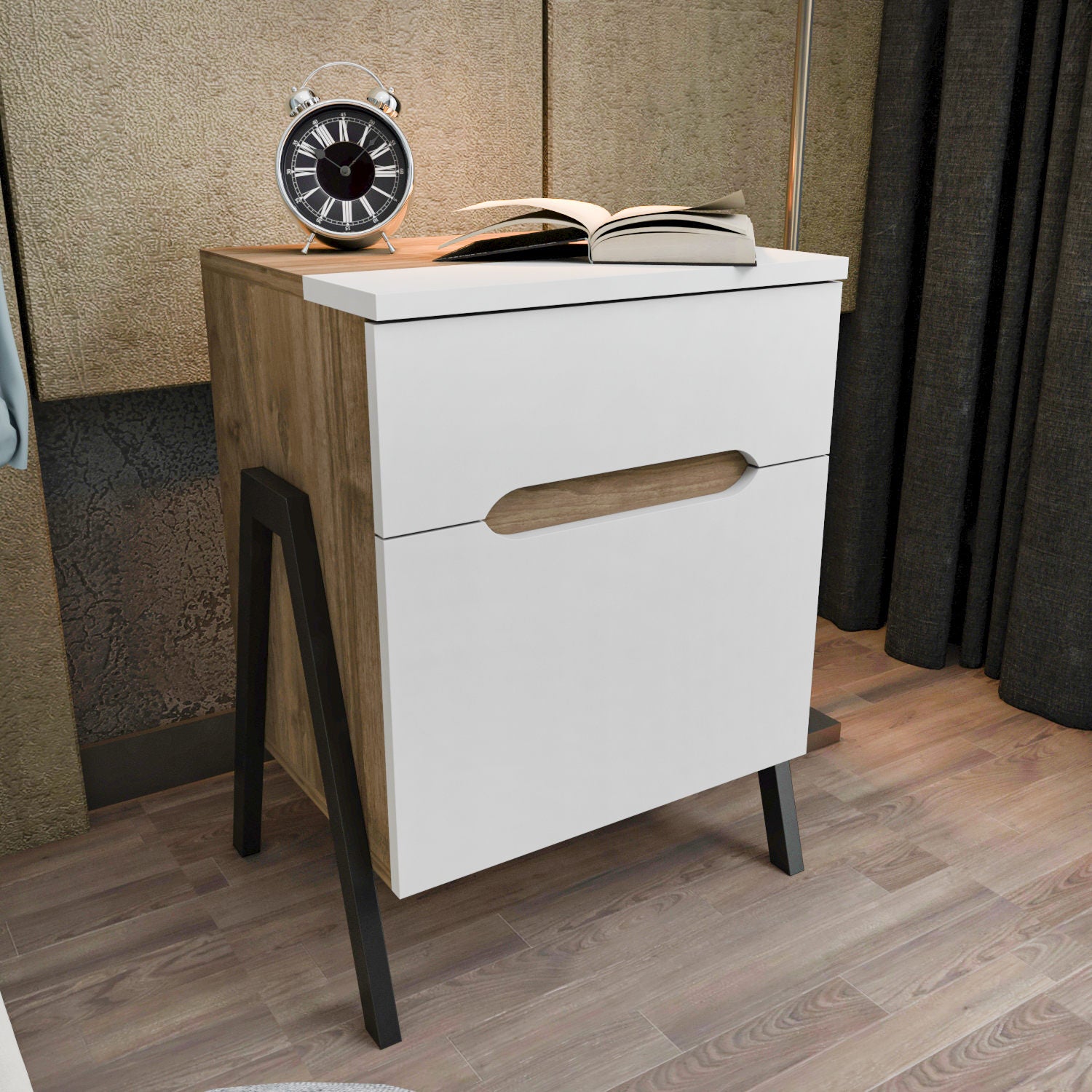 Mesa de Cabeceira Escandinava, Nogueira e Branco, 45 x 38 x 63,5 cm | Painel de Partículas 100% Revestido em Melamina, 18 mm de Espessura | Elegante e Funcional para Quartos Modernos