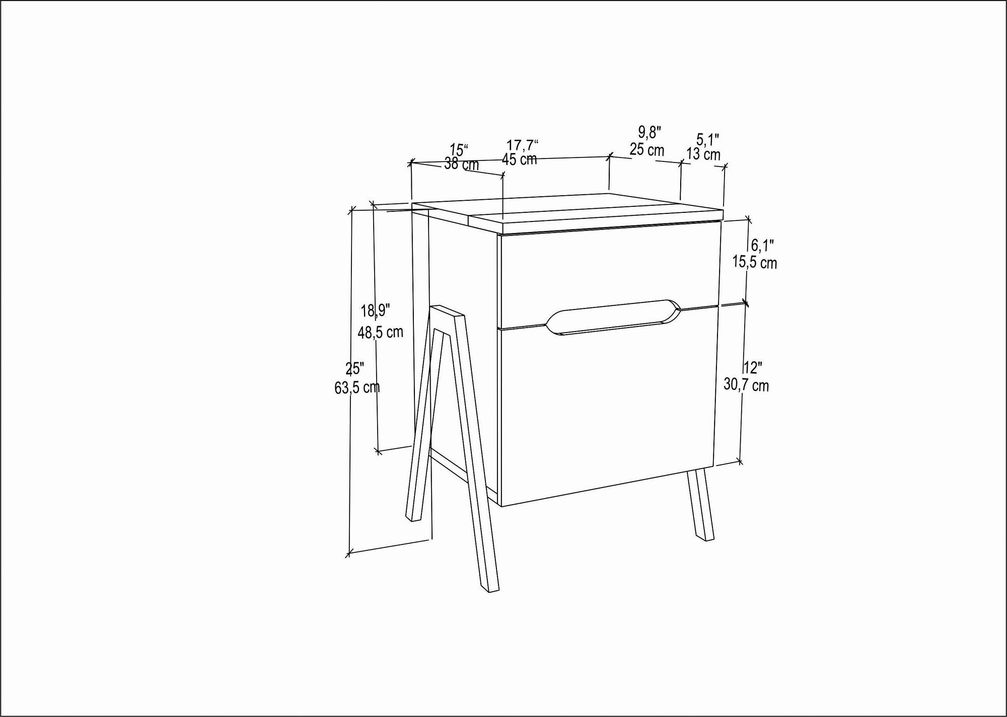 Mesa de Cabeceira Escandinava, Nogueira e Branco, 45 x 38 x 63,5 cm | Painel de Partículas 100% Revestido em Melamina, 18 mm de Espessura | Elegante e Funcional para Quartos Modernos