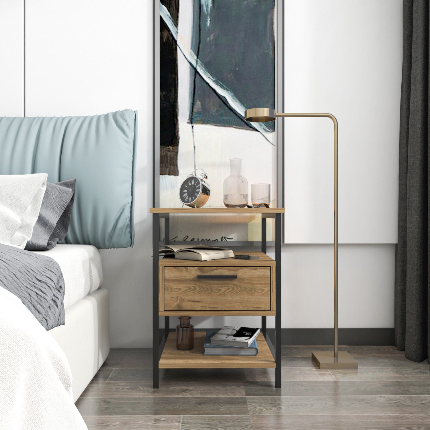 Mesa de Cabeceira Industrial, Preto e Carvalho, 45 x 45 x 61,8 cm | Painel de Partículas 100% Revestido em Melamina, 18 mm de Espessura | Elegante e Funcional para Quartos Modernos
