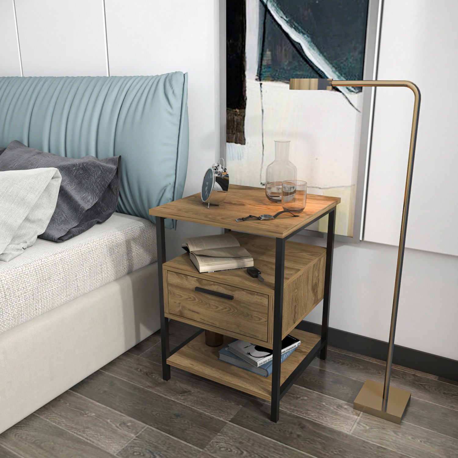 Mesa de Cabeceira Industrial, Preto e Carvalho, 45 x 45 x 61,8 cm | Painel de Partículas 100% Revestido em Melamina, 18 mm de Espessura | Elegante e Funcional para Quartos Modernos