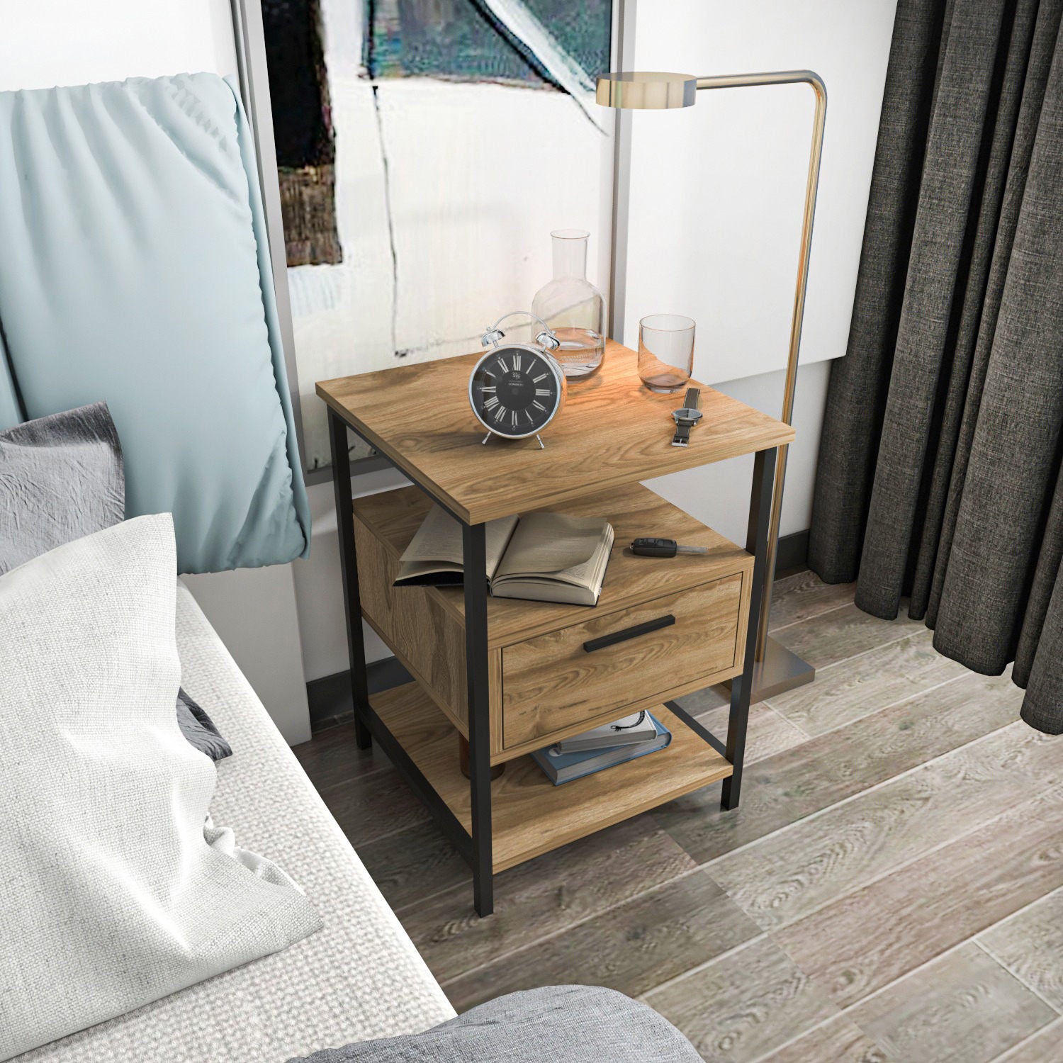 Mesa de Cabeceira Industrial, Preto e Carvalho, 45 x 45 x 61,8 cm | Painel de Partículas 100% Revestido em Melamina, 18 mm de Espessura | Elegante e Funcional para Quartos Modernos