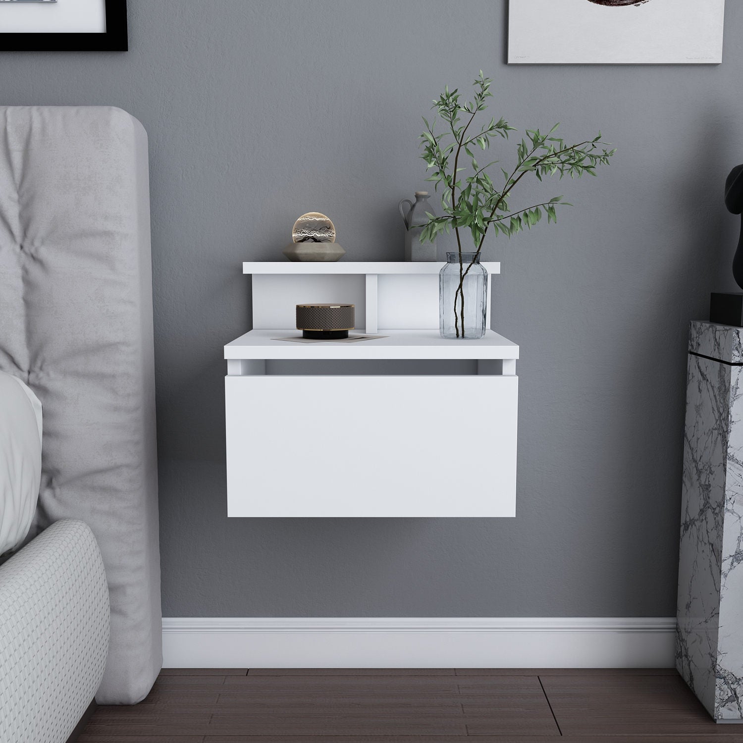 Mesa de Cabeceira Escandinava Branca, 39,8 x 31,9 x 35 cm | Painel de Partículas 100% Revestido em Melamina, 18 mm de Espessura | Elegante e Funcional para Quartos Modernos